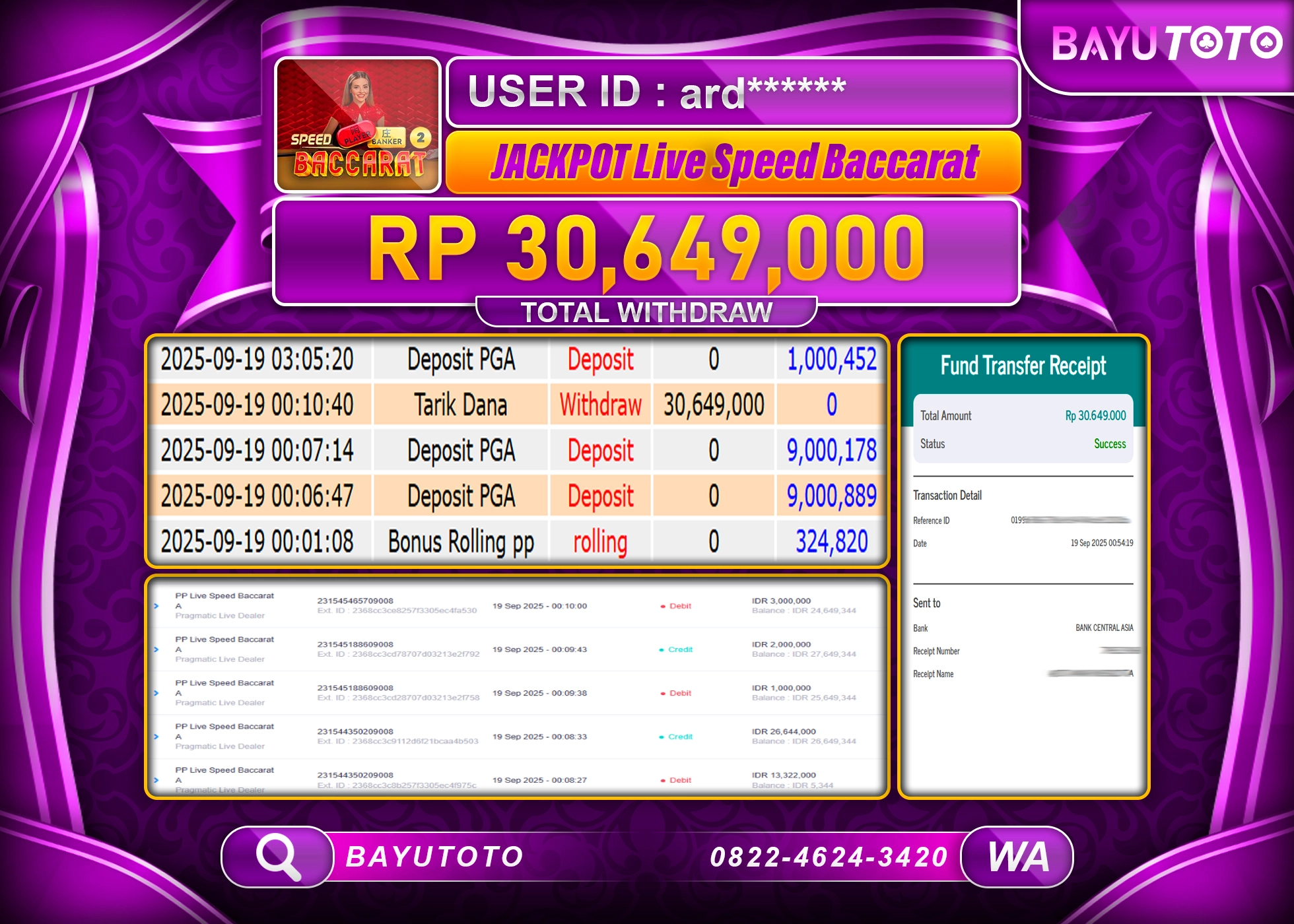 BAYUTOTO JACKPOT DI GAME  LIVEGAMES PP LIVE SPEED BACCARAT A Rp.30,649,000 LUNAS