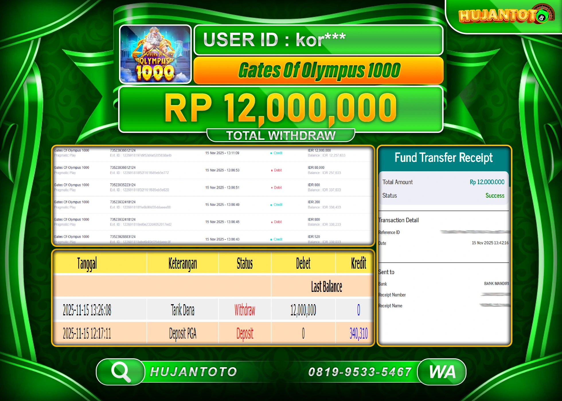 HUJANTOTO - BUKTI JACKPOT MENANG SLOT GATES OF OLYMPUS 1000 Rp.12,000,000 - TERBAYAR LUNAS