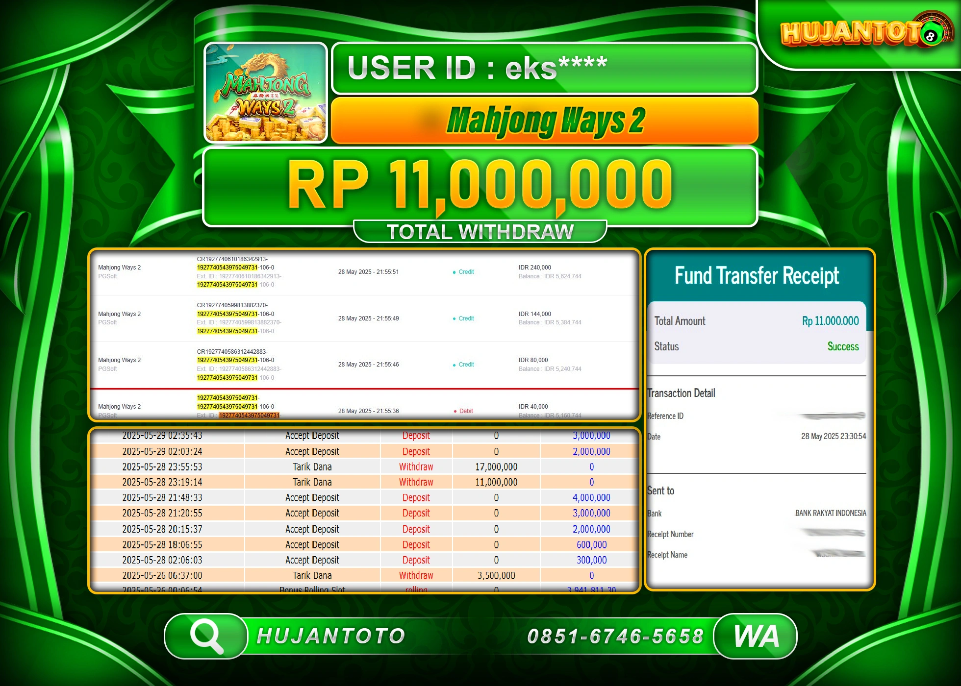 HUJANTOTO - BUKTI JACKPOT MENANG SLOT MAHJONG WAYS 2  Rp.11,000,000 - TERBAYAR LUNAS