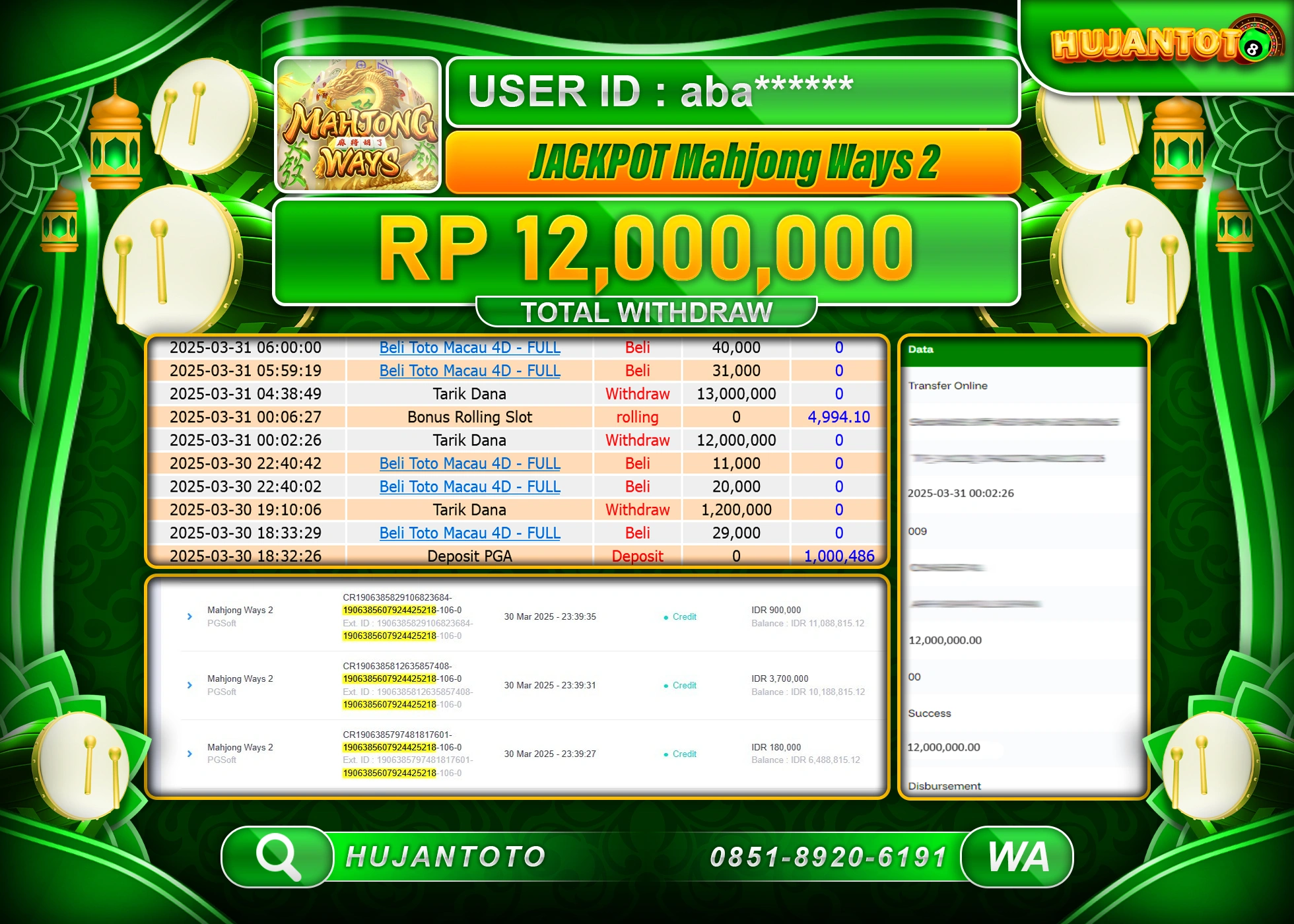 HUJANTOTO - BUKTI JACKPOT MENANG SLOT MAHJONG WAYS 2 Rp,12,000,000 - TERBAYAR LUNAS