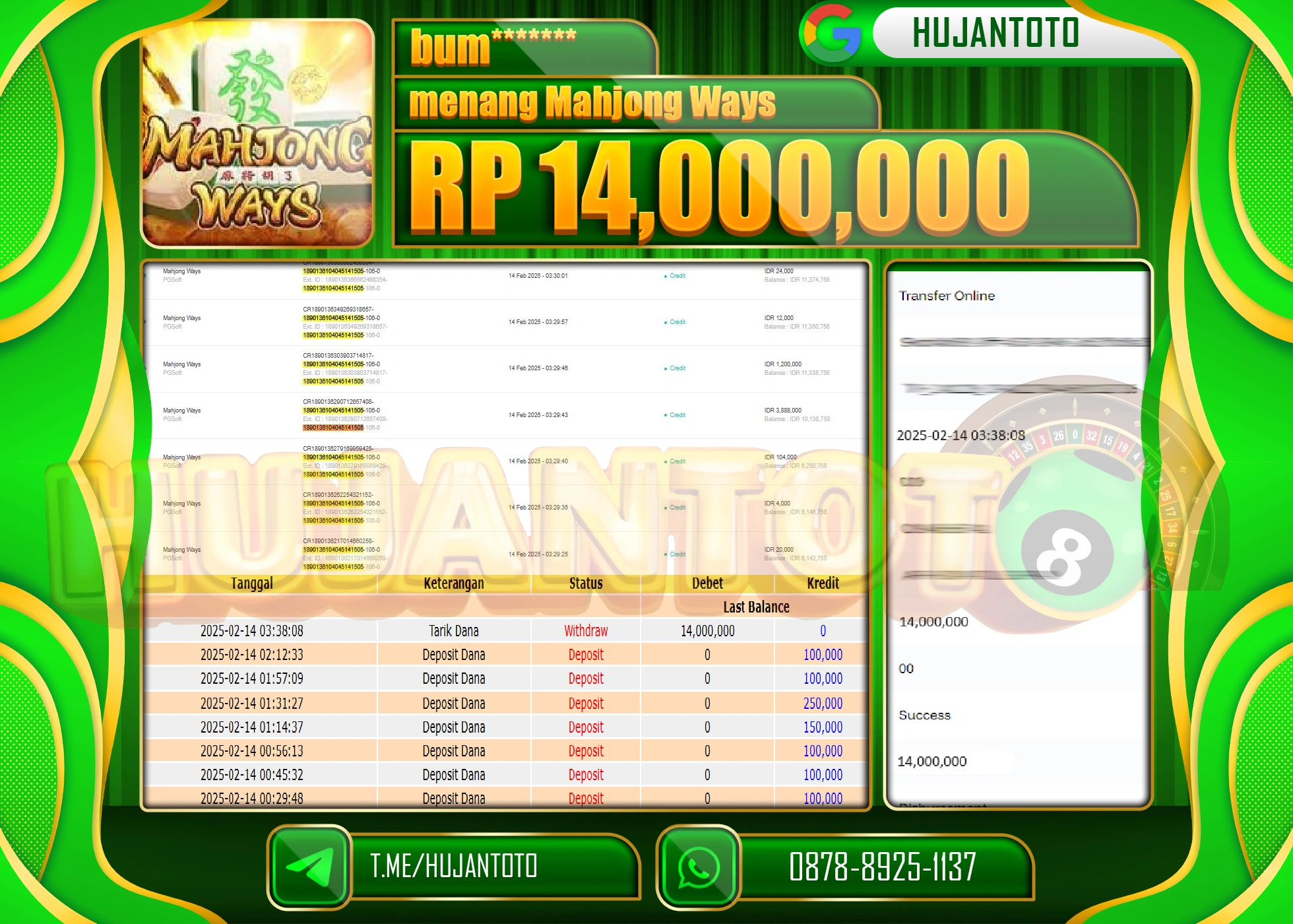HUJANTOTO - BUKTI JACKPOT MENANG SLOT MAHJONG WAYS Rp,14.000,000 - TERBAYAR LUNAS
