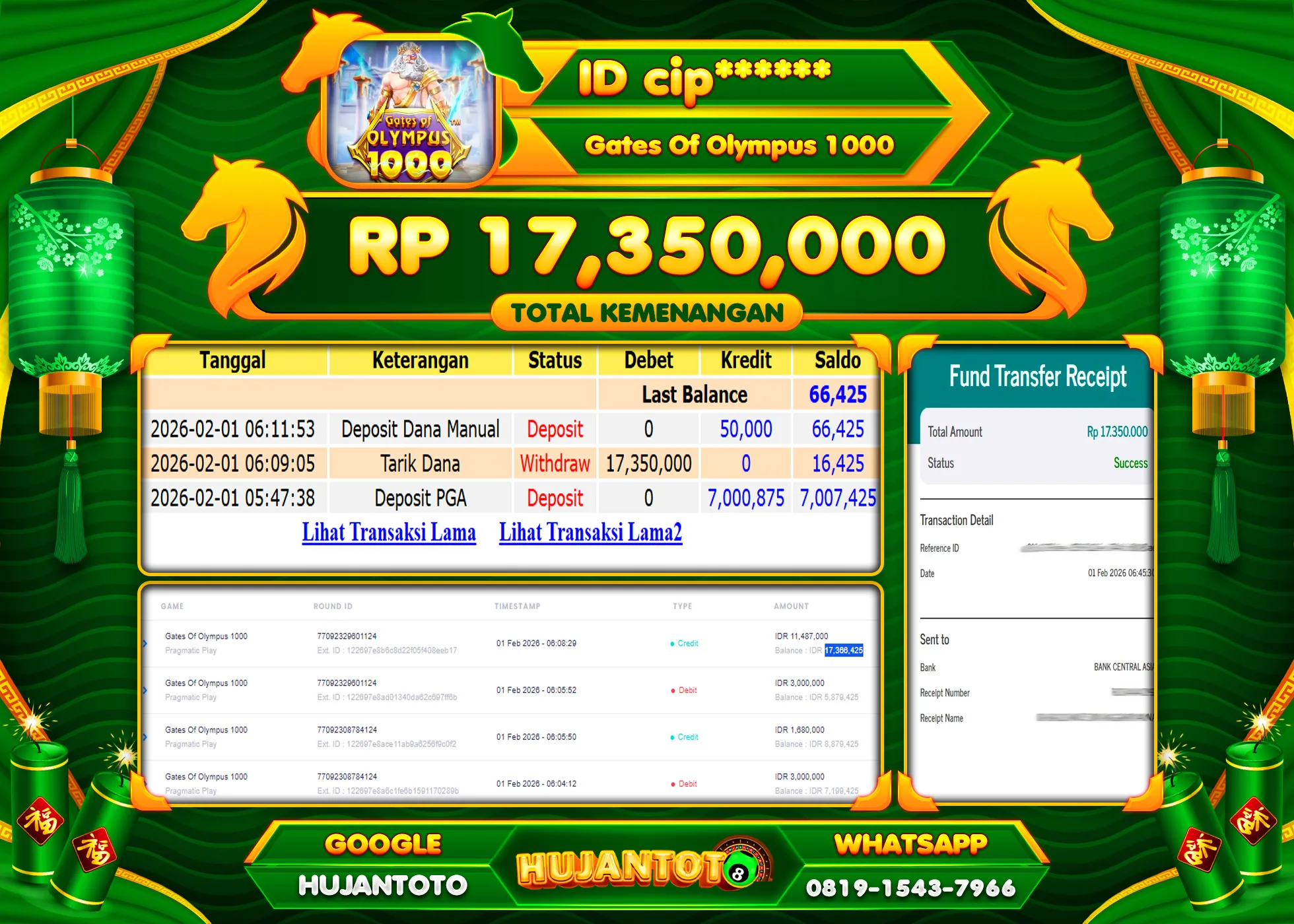 HUJANTOTO - BUKTI JACKPOT MENANG SLOT GATES  OF OLYMPUS 1000 Rp.17,350,000 - TERBAYAR LUNAS