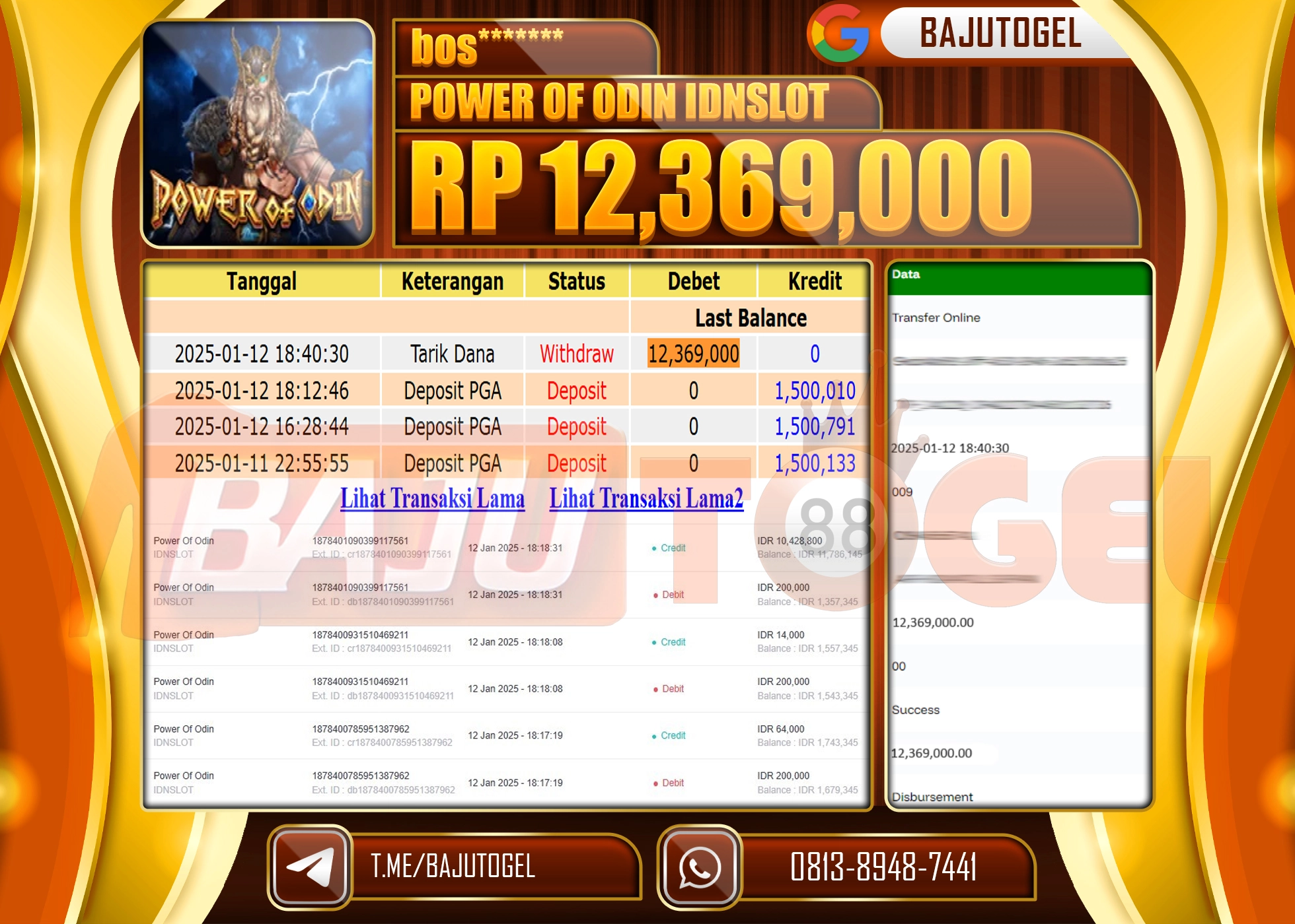 BAJUTOGEL JACKPOT POWER OF ODIN Rp.12.369.000 LUNAS