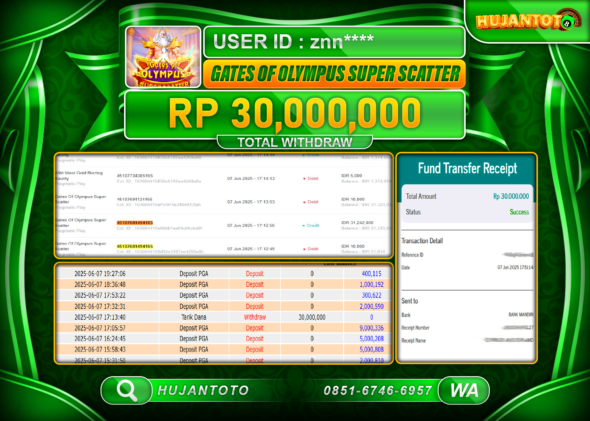 HUJANTOTO - BUKTI JACKPOT MENANG SLOT GATES OF OLYMPUS SUPER SCETTER Rp,30,000,000 - TERBAYAR LUNAS