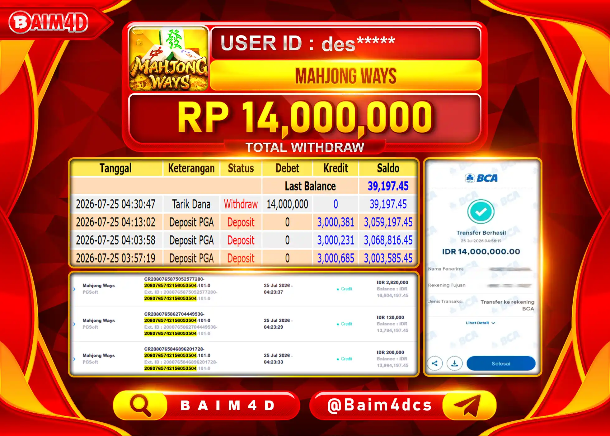 BAIM4D JACKPOT SLOT MAHJONG WAYS PG SOFT Rp.14,000,000 - LUNAS