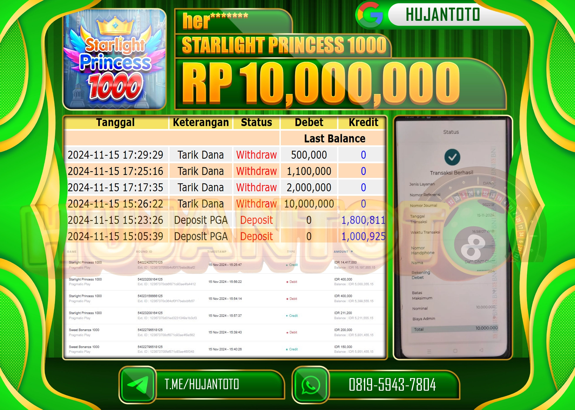HUJANTOTO MENANG DI RAIH DI PERMAINAN SLOT STARLIGHT PRINCESS 1000 - 10,000,000 - LUNAS