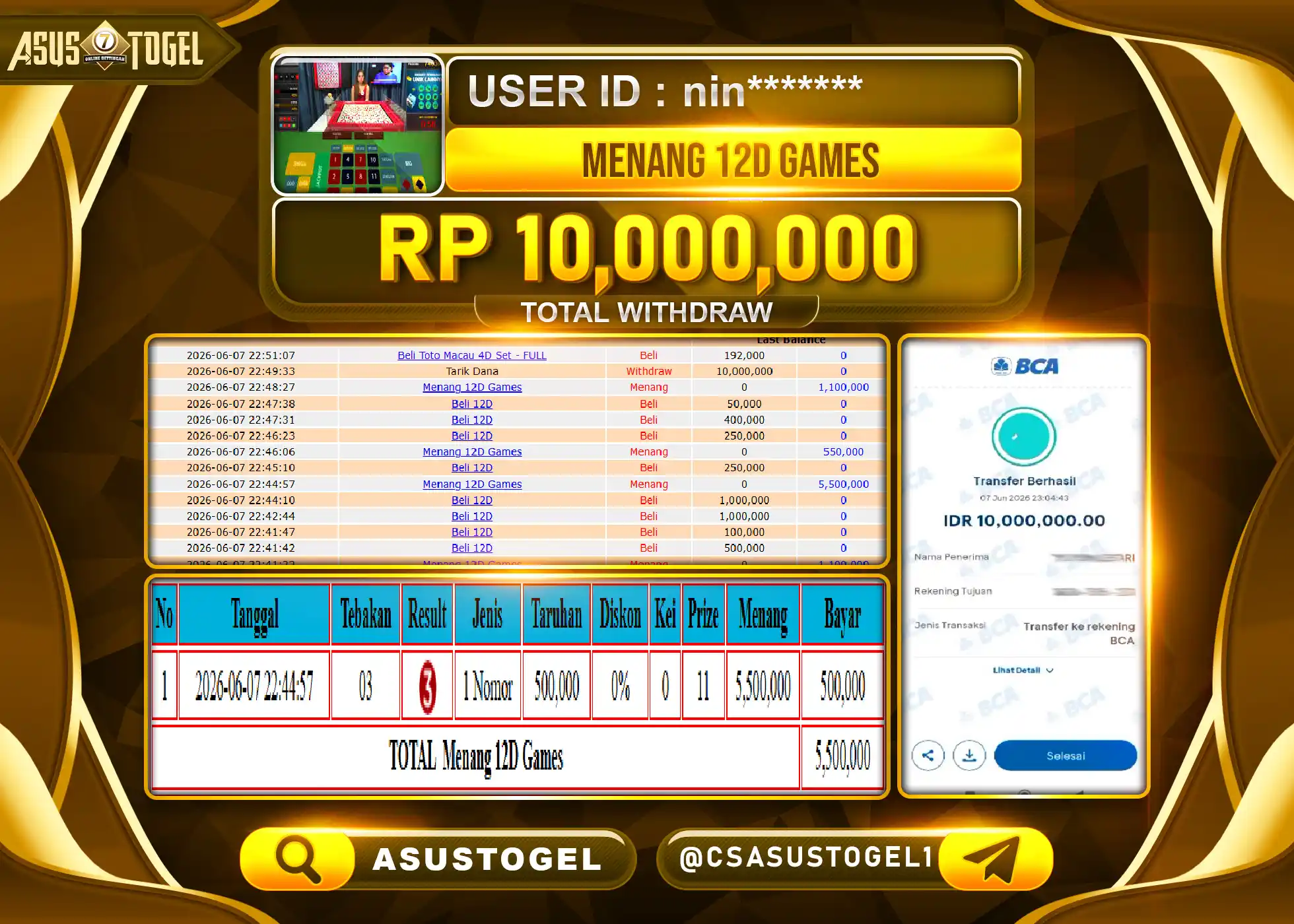 ASUSTOGEL KEMENANGAN JACKPOT LIVEGAMES  12D GAMES  Rp.10,000,000 - RUPIAH LUNAS
