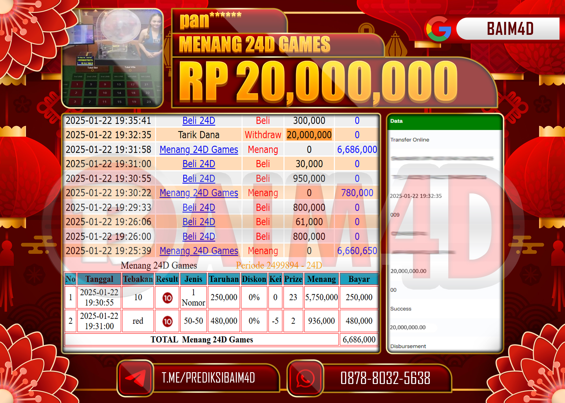 BAIM4D JACKPOT  LIVE GAME  24D GAMES Rp.20,000,000.- LUNAS
