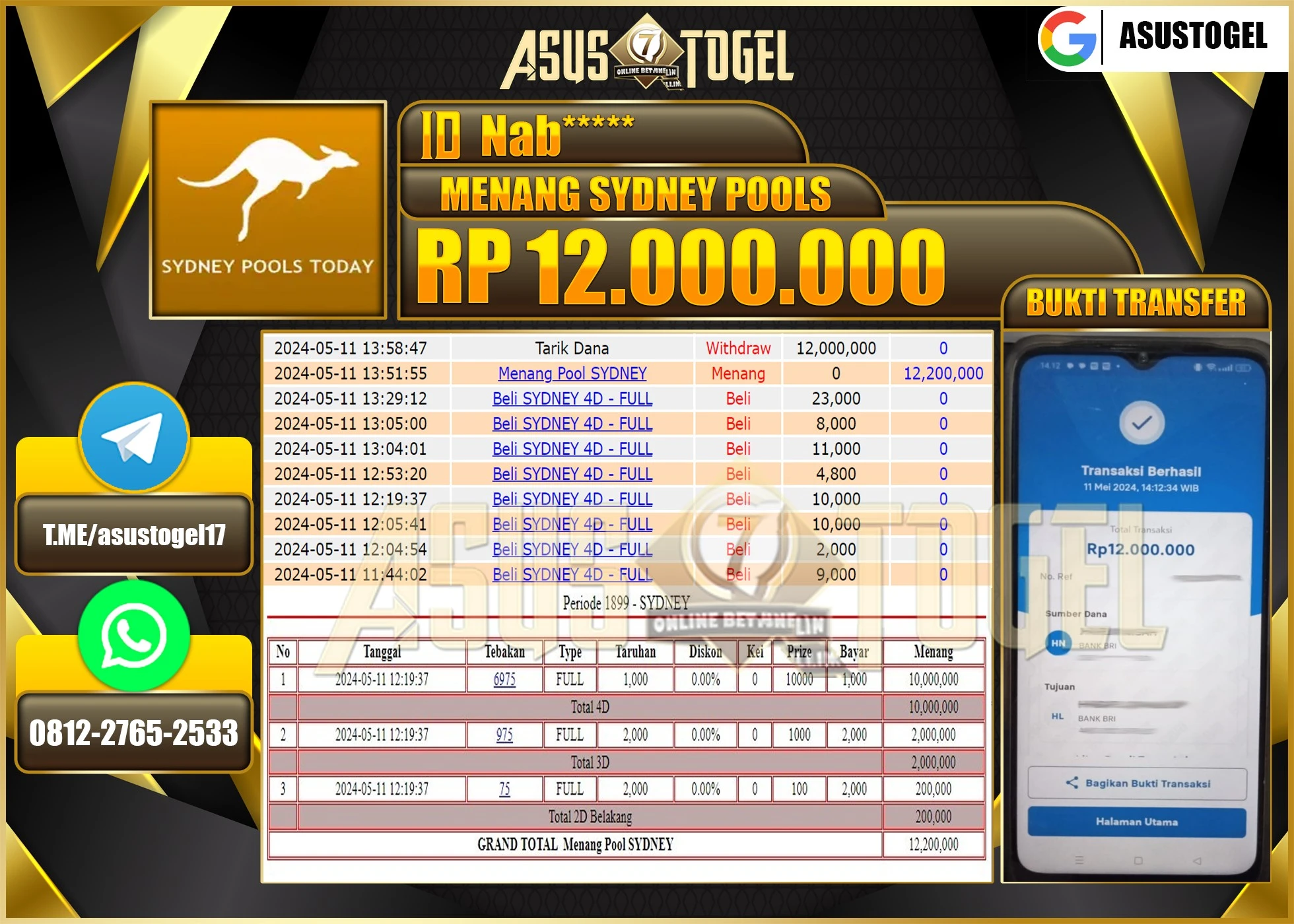 ASUSTOGEL MENANG SYDNEY POOLS Rp 12.000.000- LUNAS