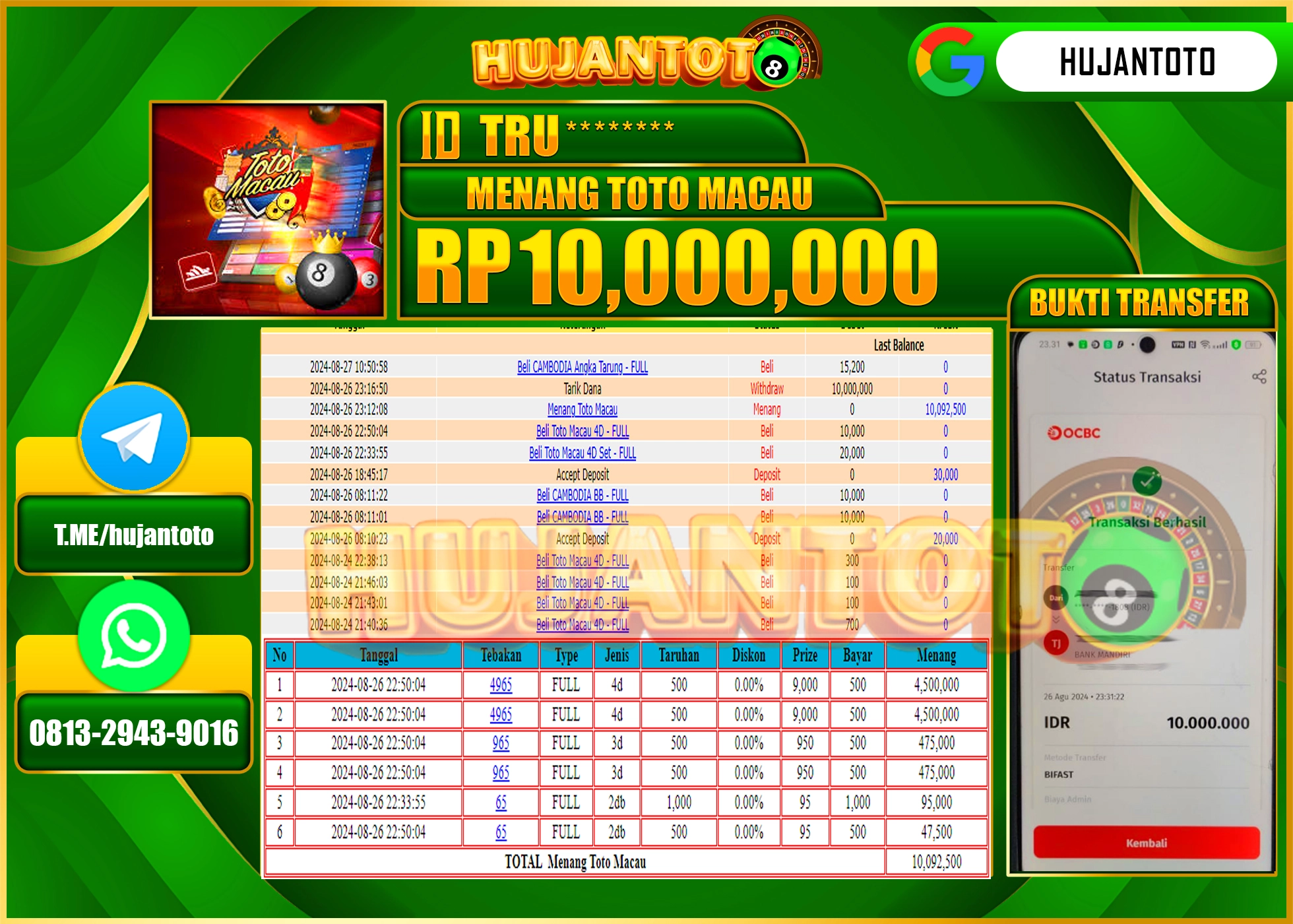 HUJANTOTO MENANG BESAR DI PERMAINAN TOGEL TOTOMACAU , 10.000.000 - LUNAS 