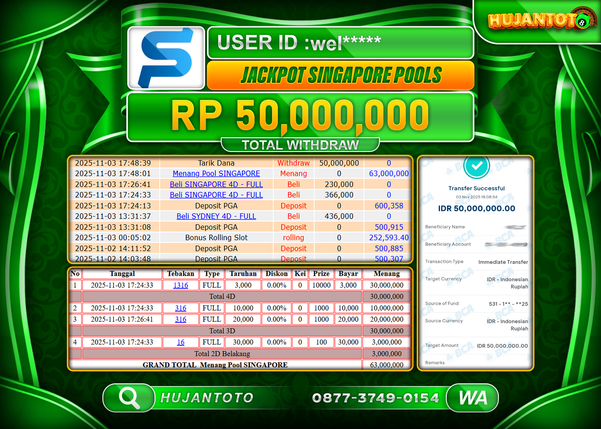 HUJANTOTO - BUKTI JACKPOT MENANG TOGEL SINGAPORE POOLS Rp.50,000,000 - TERBAYAR LUNAS