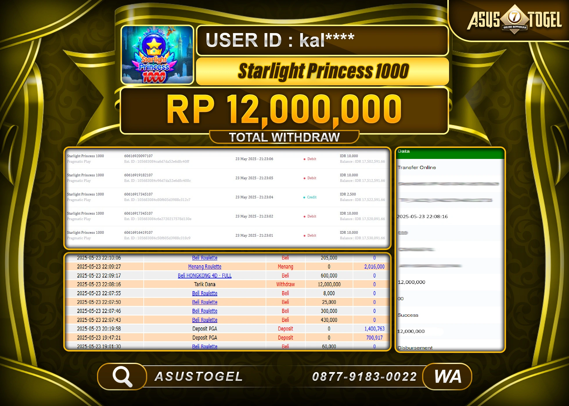  ASUSTOGEL KEMENANGAN DI SLOT STARLIGHT PRINCESS 1000 SEBESAR 12,000,000- RUPIAH LUNAS