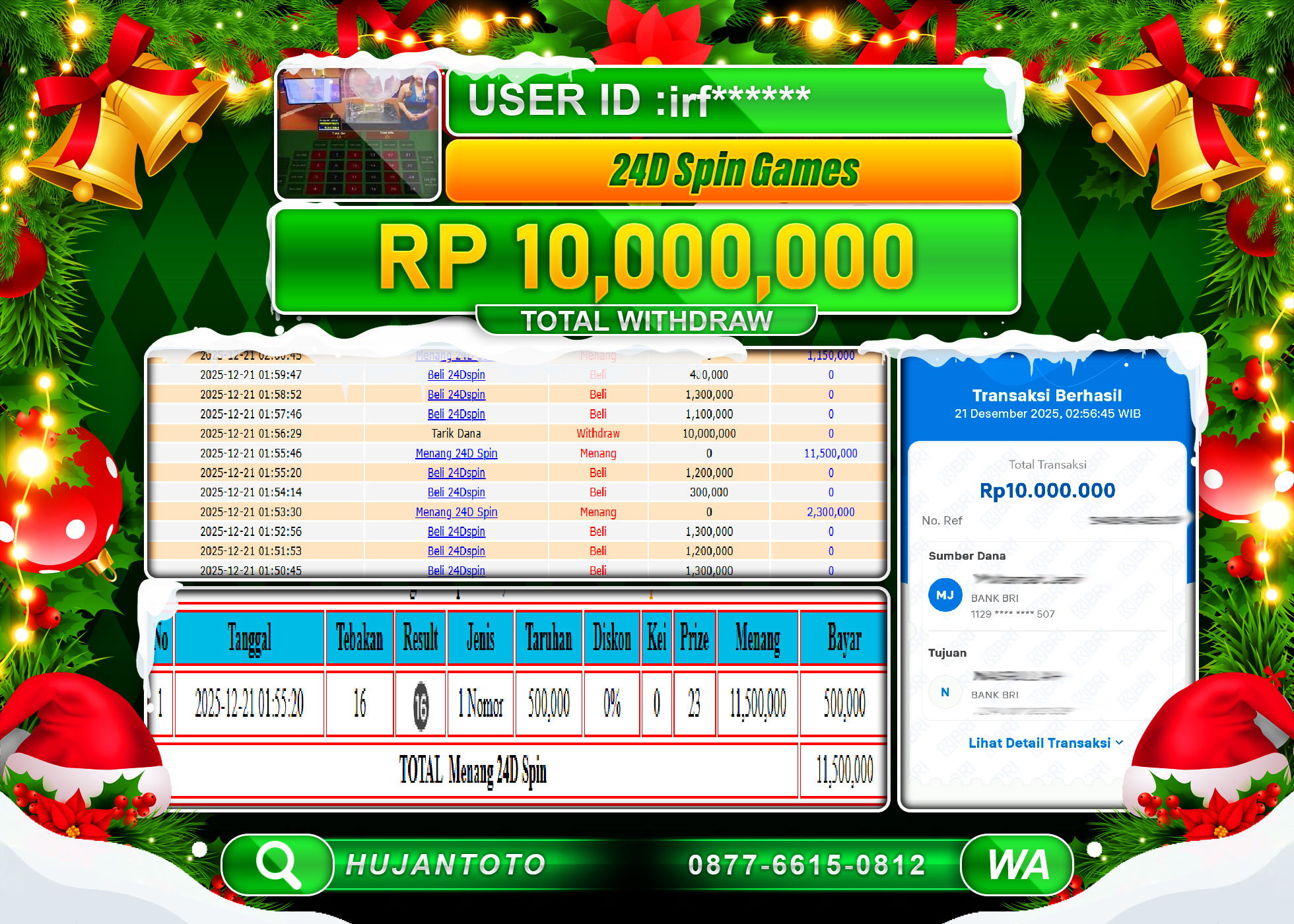 HUJANTOTO - BUKTI JACKPOT MENANG LIVE GAMES JACKPOT 24D SPIN GAMES Rp.10,000,000 - TERBAYAR LUNAS