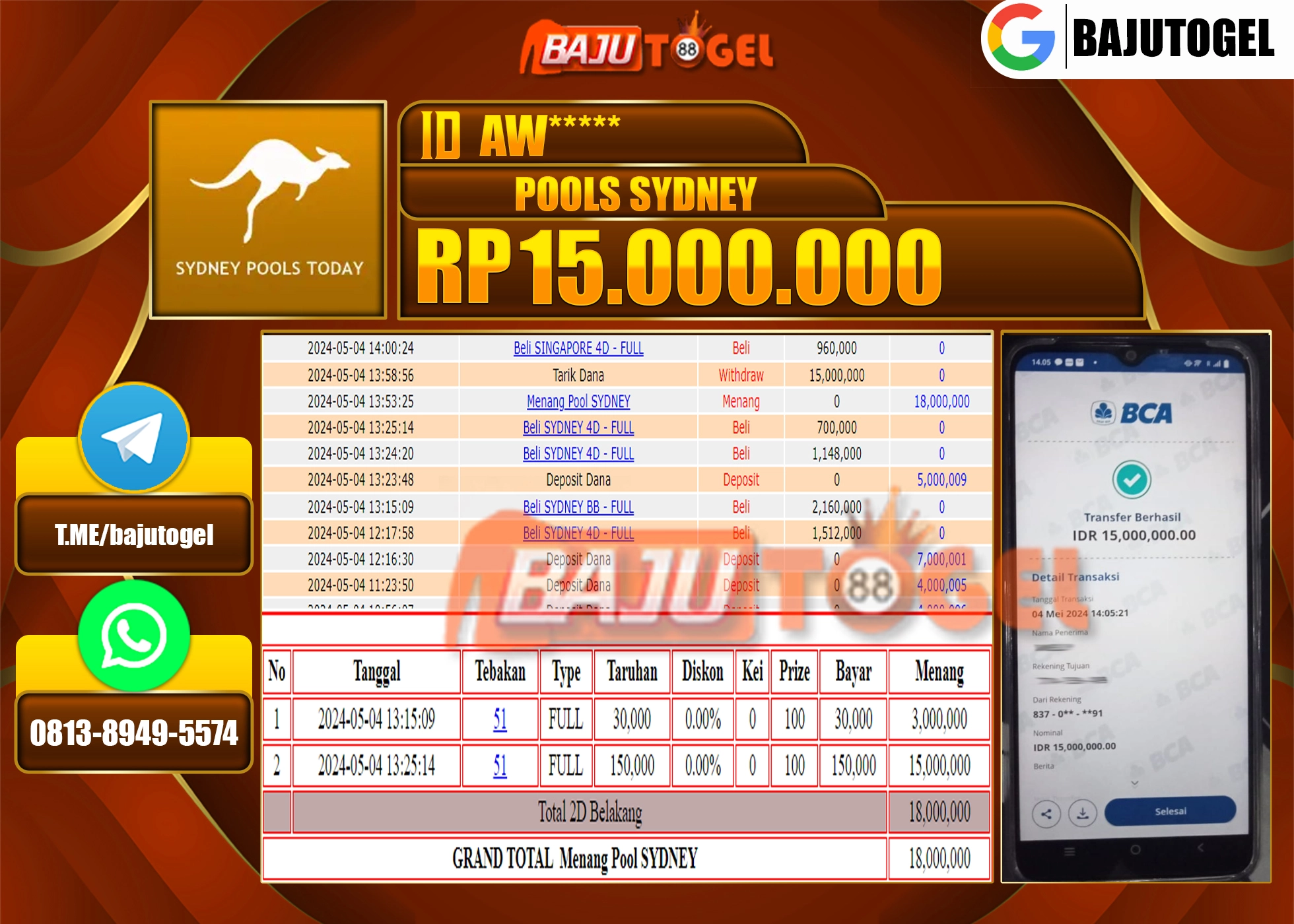 BAJUTOGEL KEMENANGAN BESAR PASARAN SYDNEY POOLS Rp.15.000.000  LUNAS
