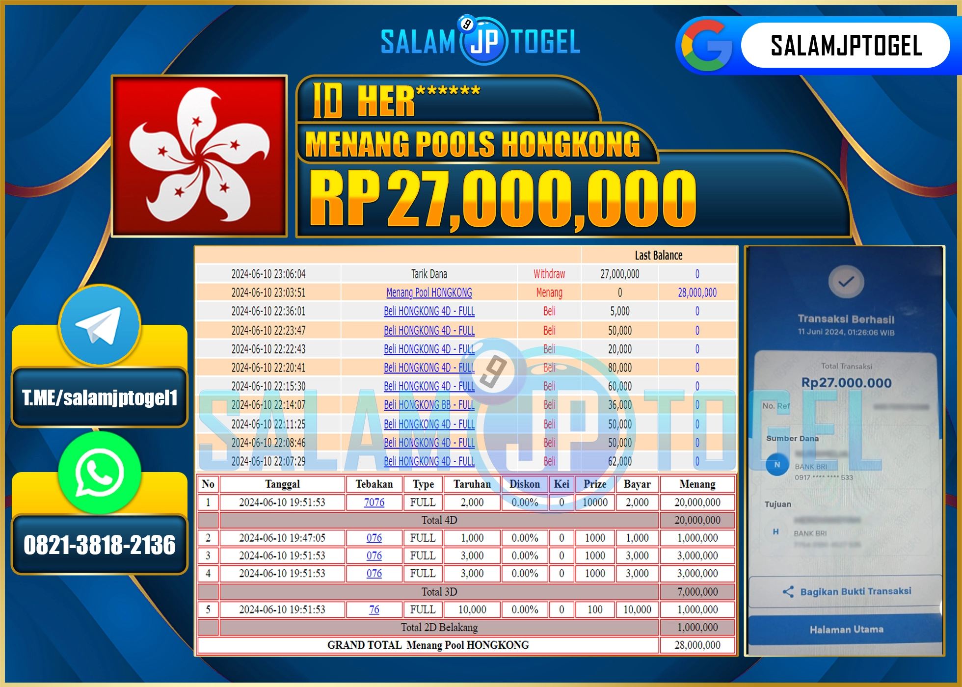 SALAMJPTOGEL MENANG HONGKONG POOLS Rp. 27,000,000.,LUNAS