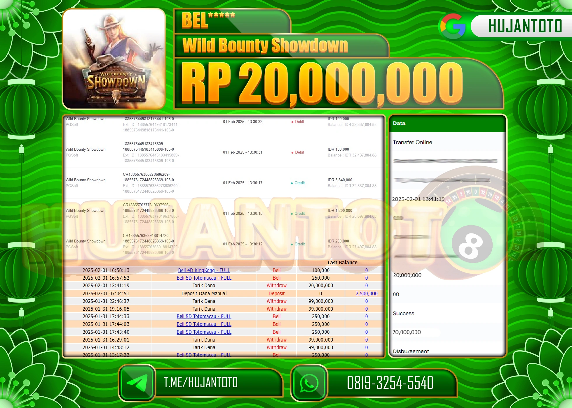 HUJANTOTO - BUKTI JACKPOT MENANG SLOT WILD BOUNTY SHOWDOWN Rp,20,000,000 - TERBAYAR LUNAS