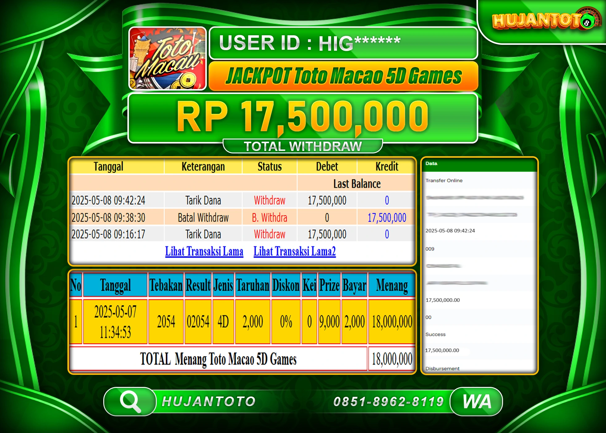 HUJANTOTO - BUKTI JACKPOT MENANG TOGEL TOTO MACAU 5D Rp,17,500,000 - TERBAYAR LUNAS