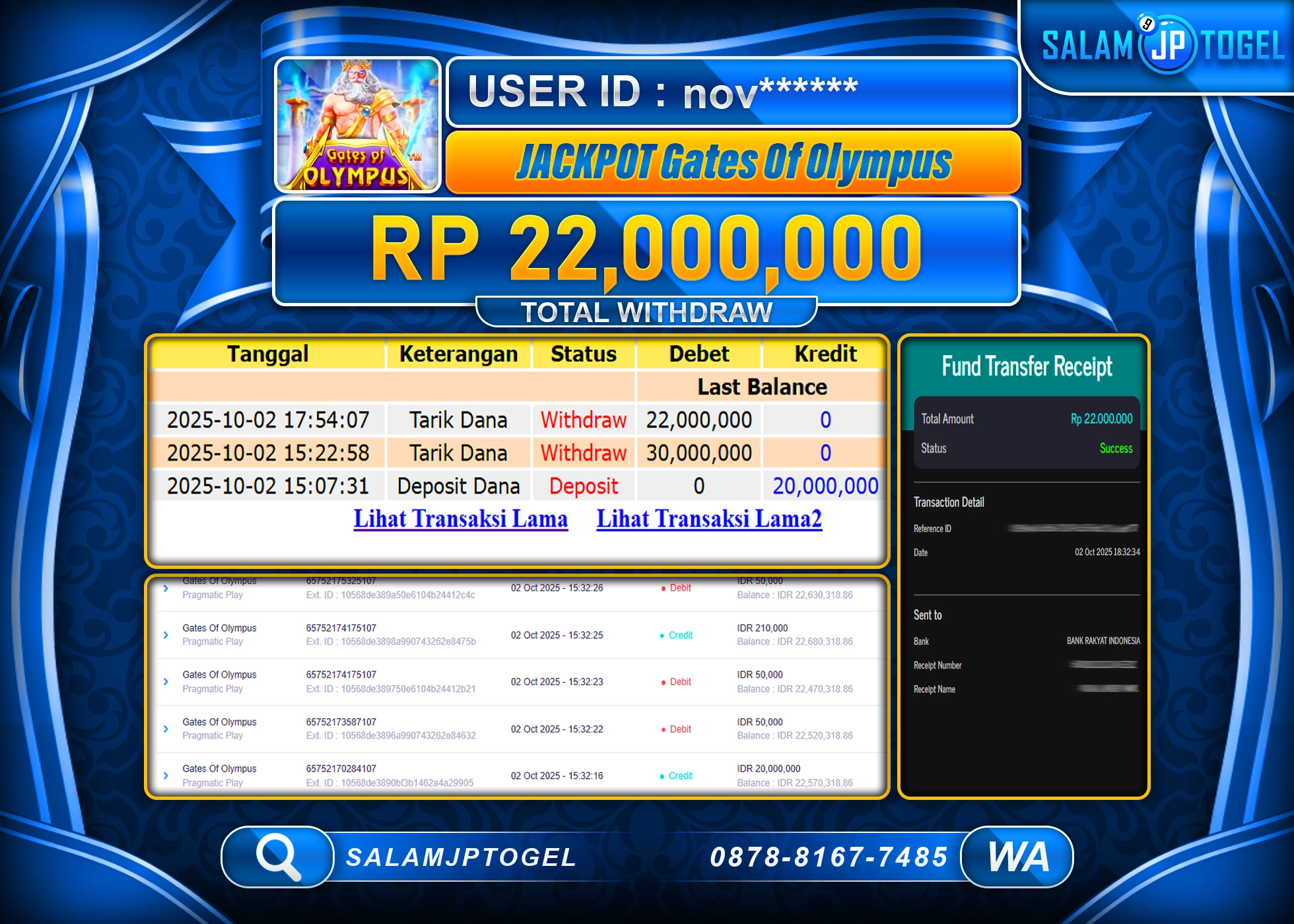 SALAMJPTOGEL MENANG GATES OF OLYMPUS RP. 22,000,000, - LUNAS