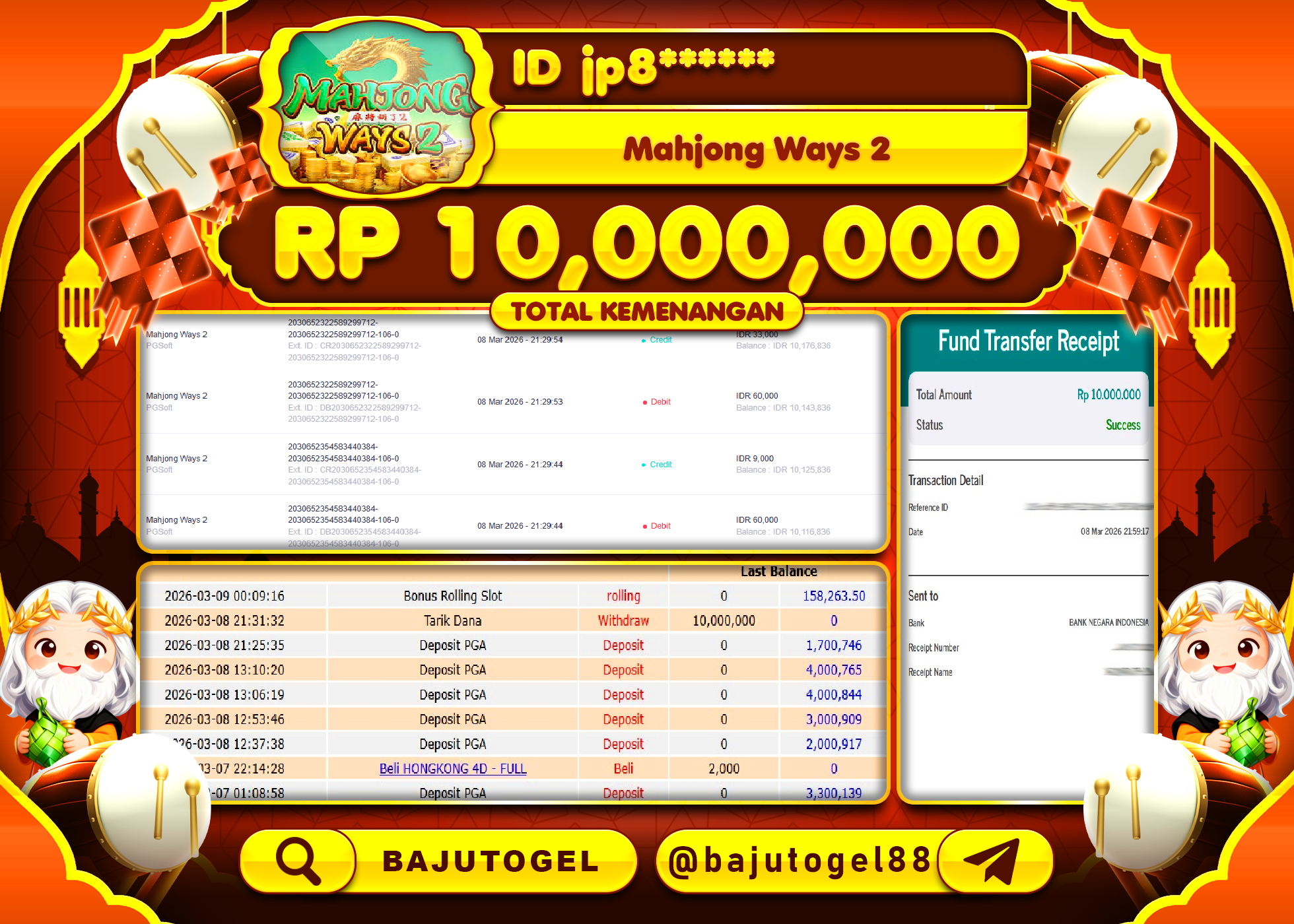 BAJUTOGEL KEMENANGAN JACKPOT DI PGSOFT MAHJONG WAYS 2 Rp.10,000,000 LUNAS