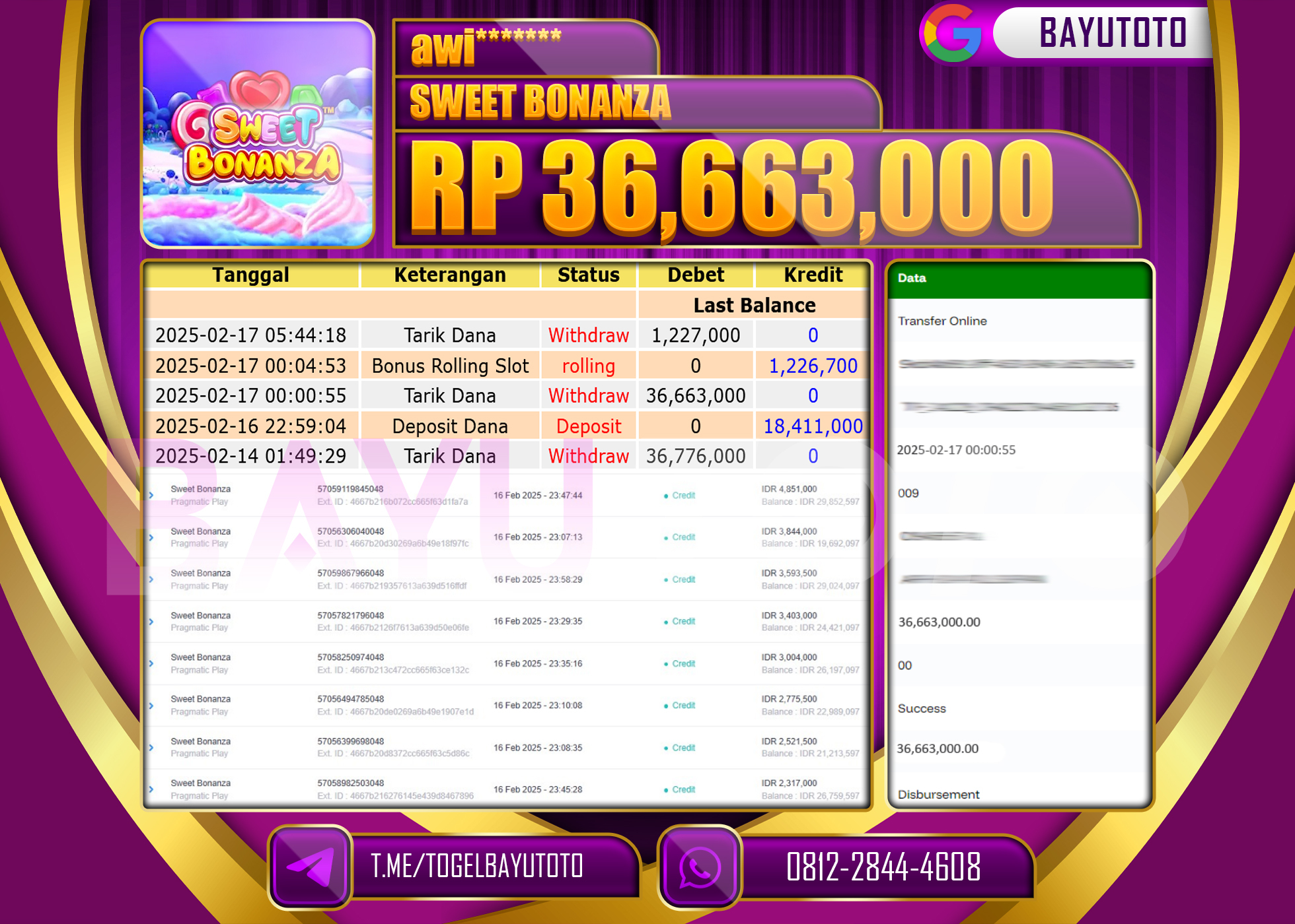 BAYUTOTO JACKPOT DI SWEEET BONANZARp.36.663.000 LUNAS