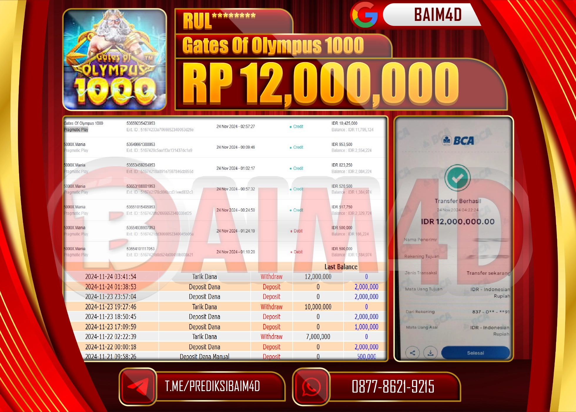BAIM4D JACKPOT GATES OF OLYMPUS 1000 Rp.12.000,000.- LUNAS