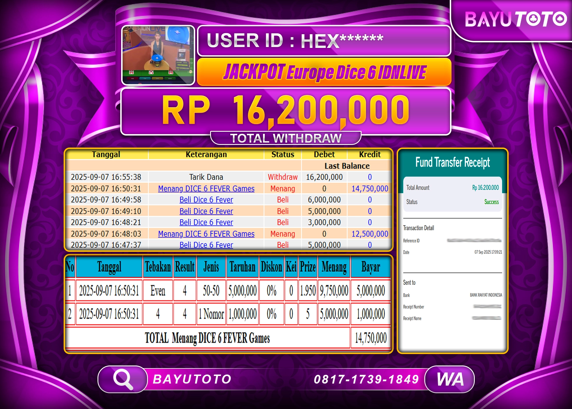 BAYUTOTO JACKPOT DI LIVEGAMES EUROPE DICE 6 IDNLIVE Rp.16,200,000 LUNAS