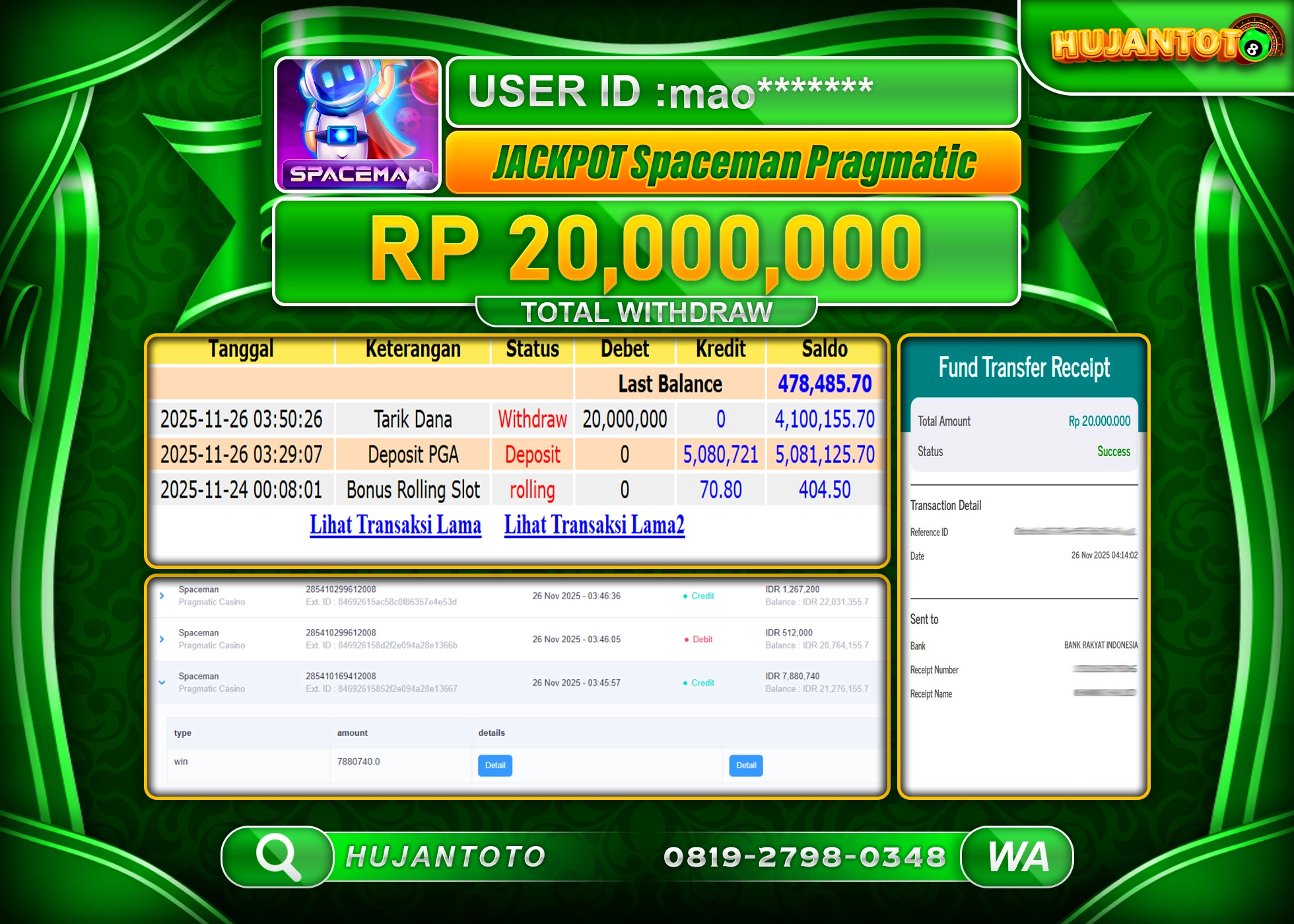 HUJANTOTO - BUKTI JACKPOT MENANG SPACEMAN PRAGMATIC PLAY Rp.20,000,000 - TERBAYAR LUNAS