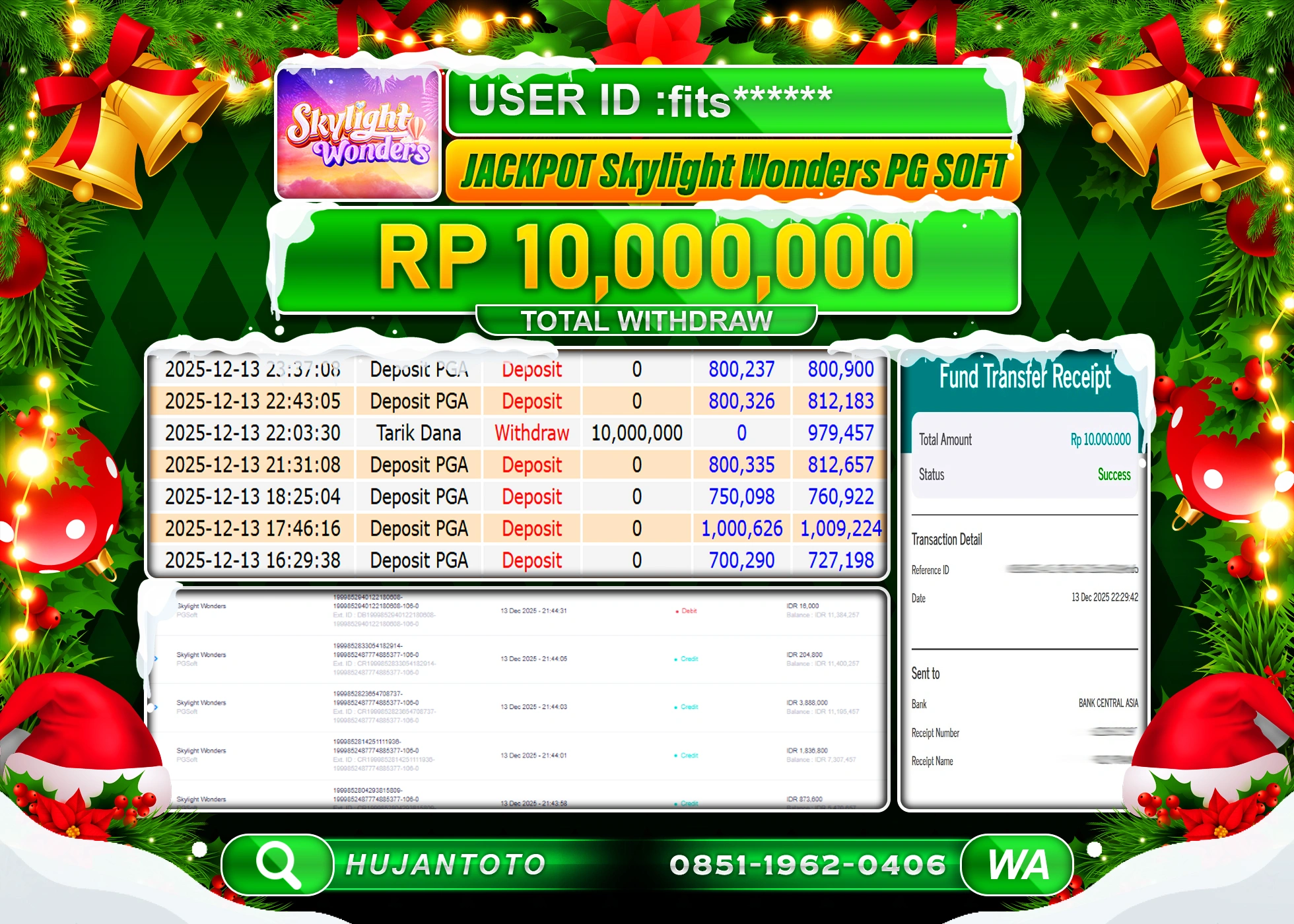 HUJANTOTO - BUKTI JACKPOT MENANG SLOT SKYLIGHT WONDERS Rp.10,000,000 - TERBAYAR LUNAS