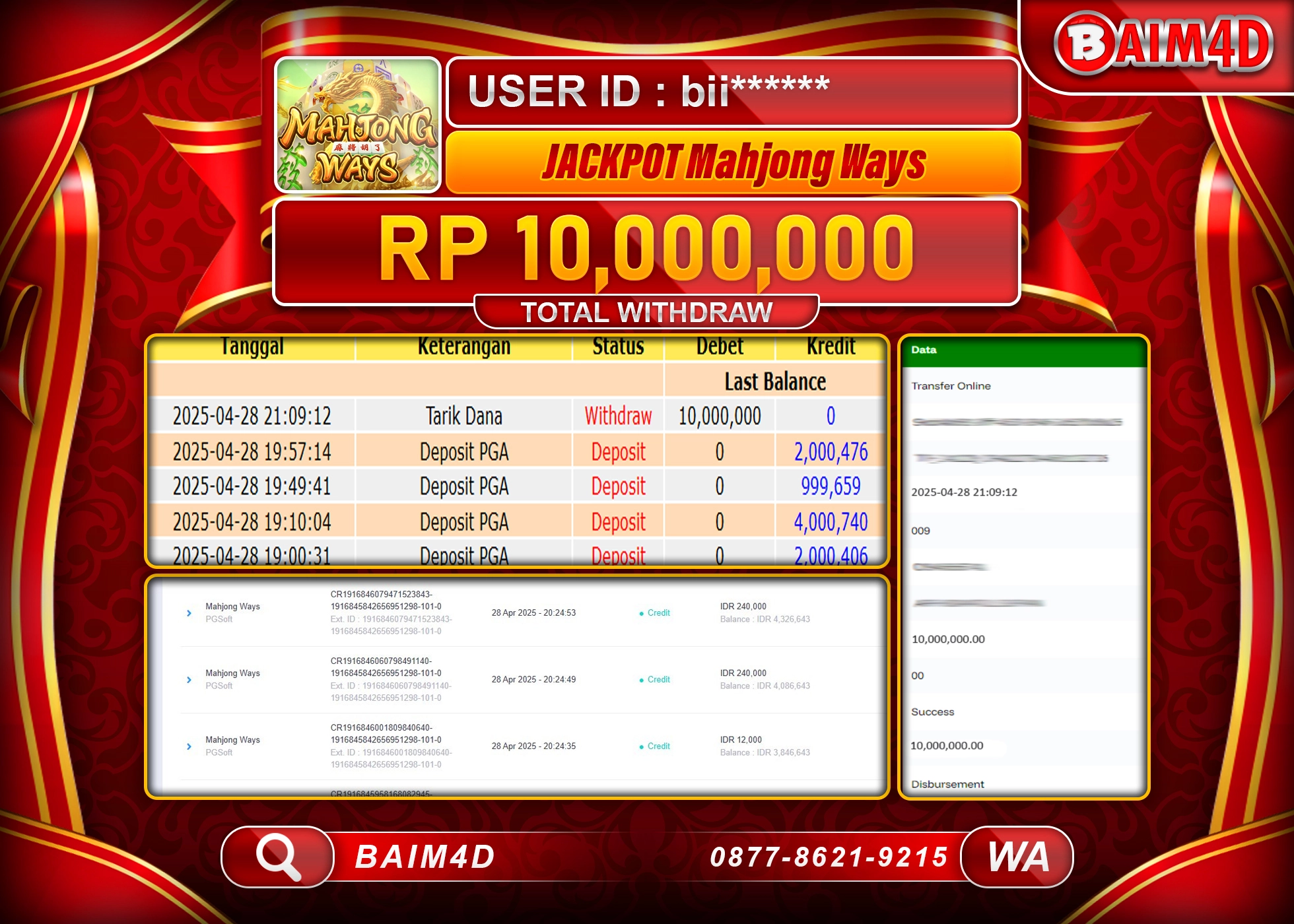 BAIM4D JACKPOT MENANG Mahjong Ways(PGSoft) Rp.10.000,000.- LUNAS