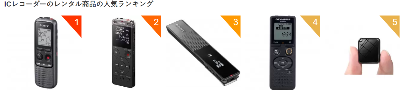 「ICレコーダーのレンタル商品の人気ランキング」という見出しとともに、スティック型や超小型モデルなど、1位から5位までのボイスレコーダーが順に並んでいる。