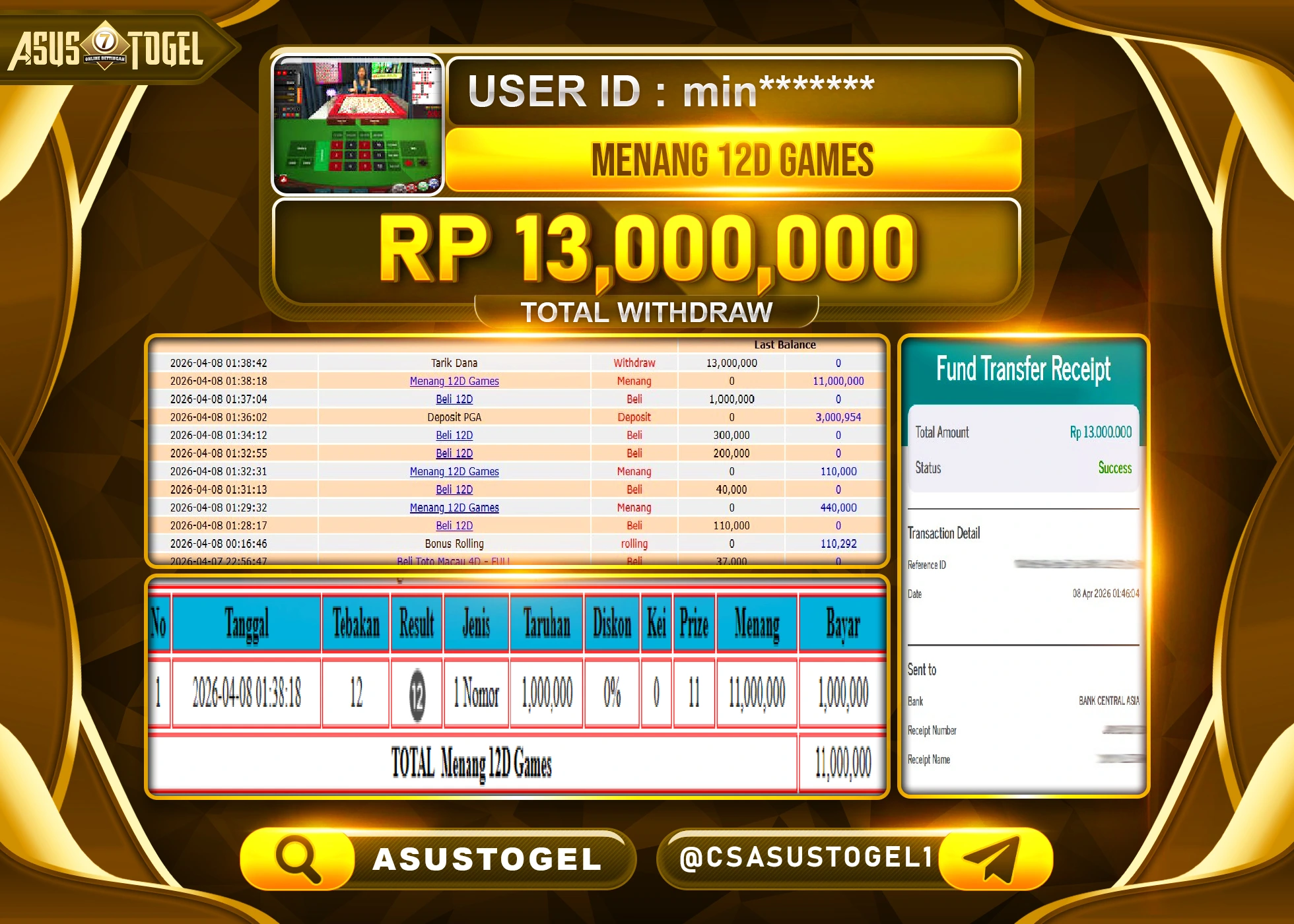 ASUSTOGEL KEMENANGAN JACKPOT DI PERMAINAN LIVE GAMES 12D GAME SEBESAR Rp.13,000,000 - RUPIAH LUNAS