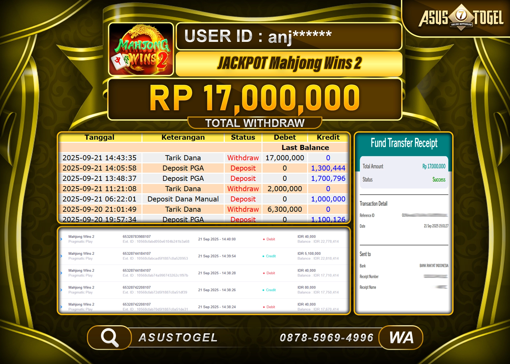 ASUSTOGEL KEMENANGAN DI SLOT MAHJONG WINS 2 SEBESAR 17,000,000- RUPIAH LUNAS