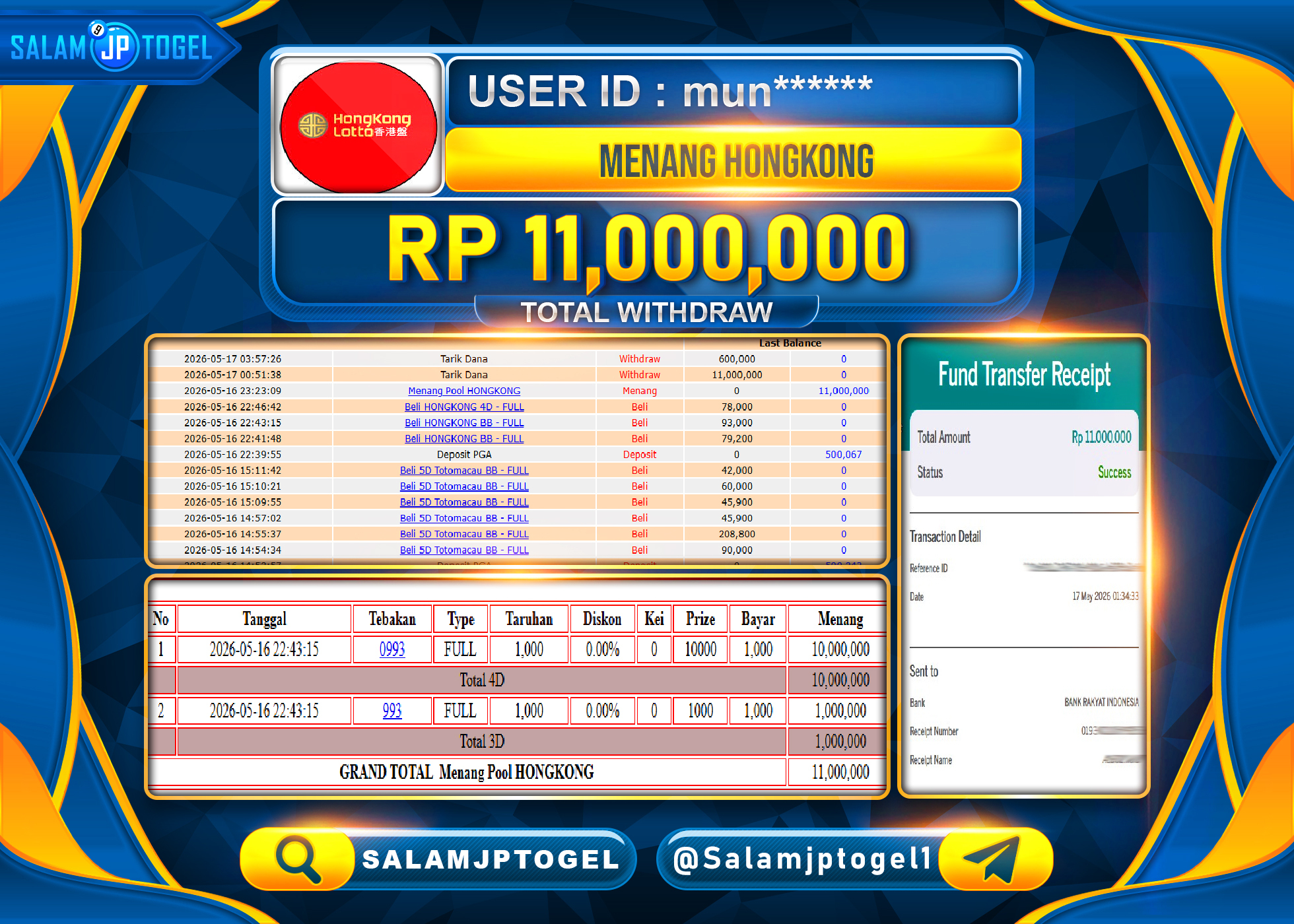 SALAMJPTOGEL Menang Pool HONGKONG LOTTO (TOGEL)  Rp.11,000,000 - LUNAS