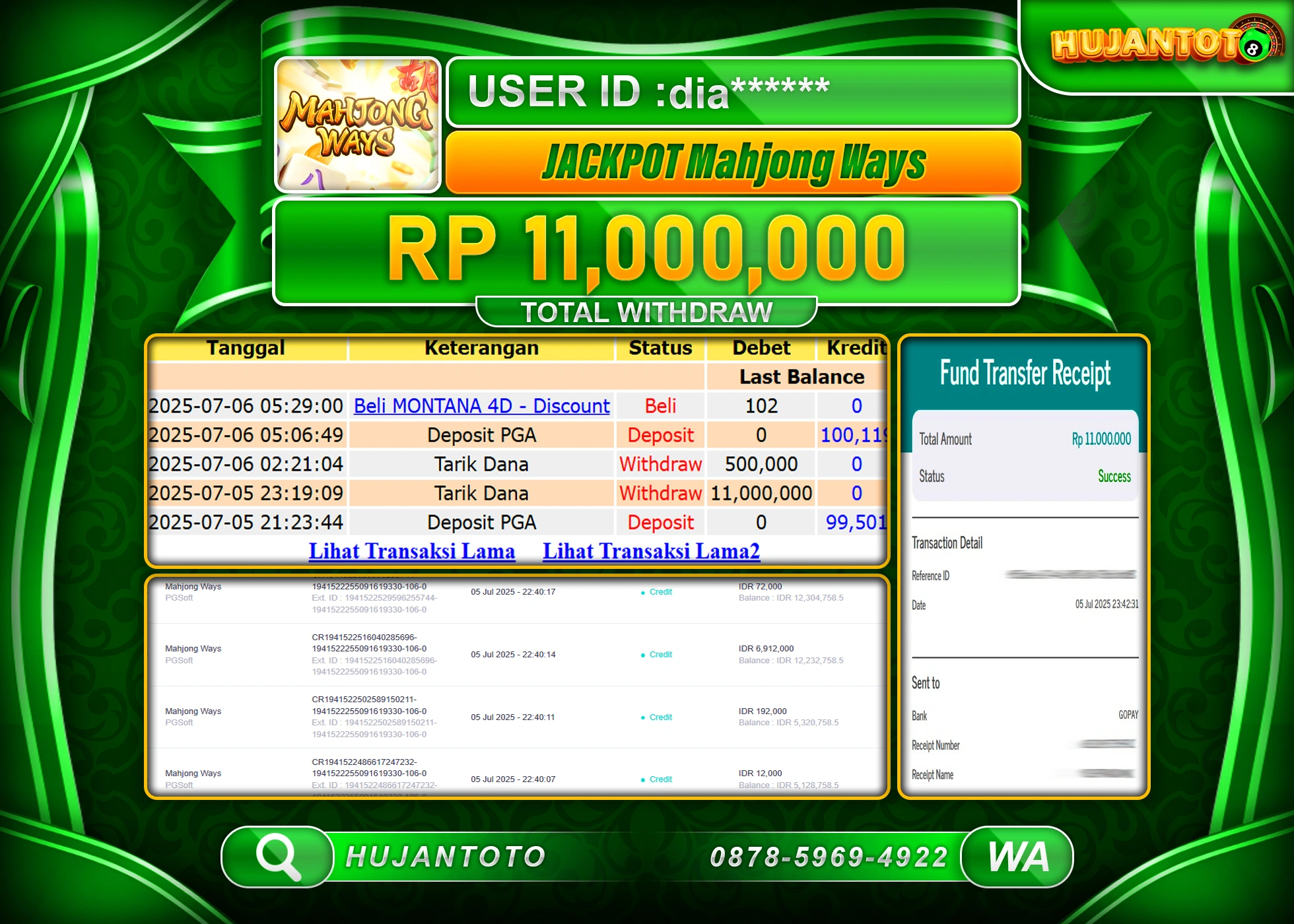 HUJANTOTO - BUKTI JACKPOT MENANG SLOT MAHJONG WAYS Rp.11,000,000 - TERBAYAR LUNAS