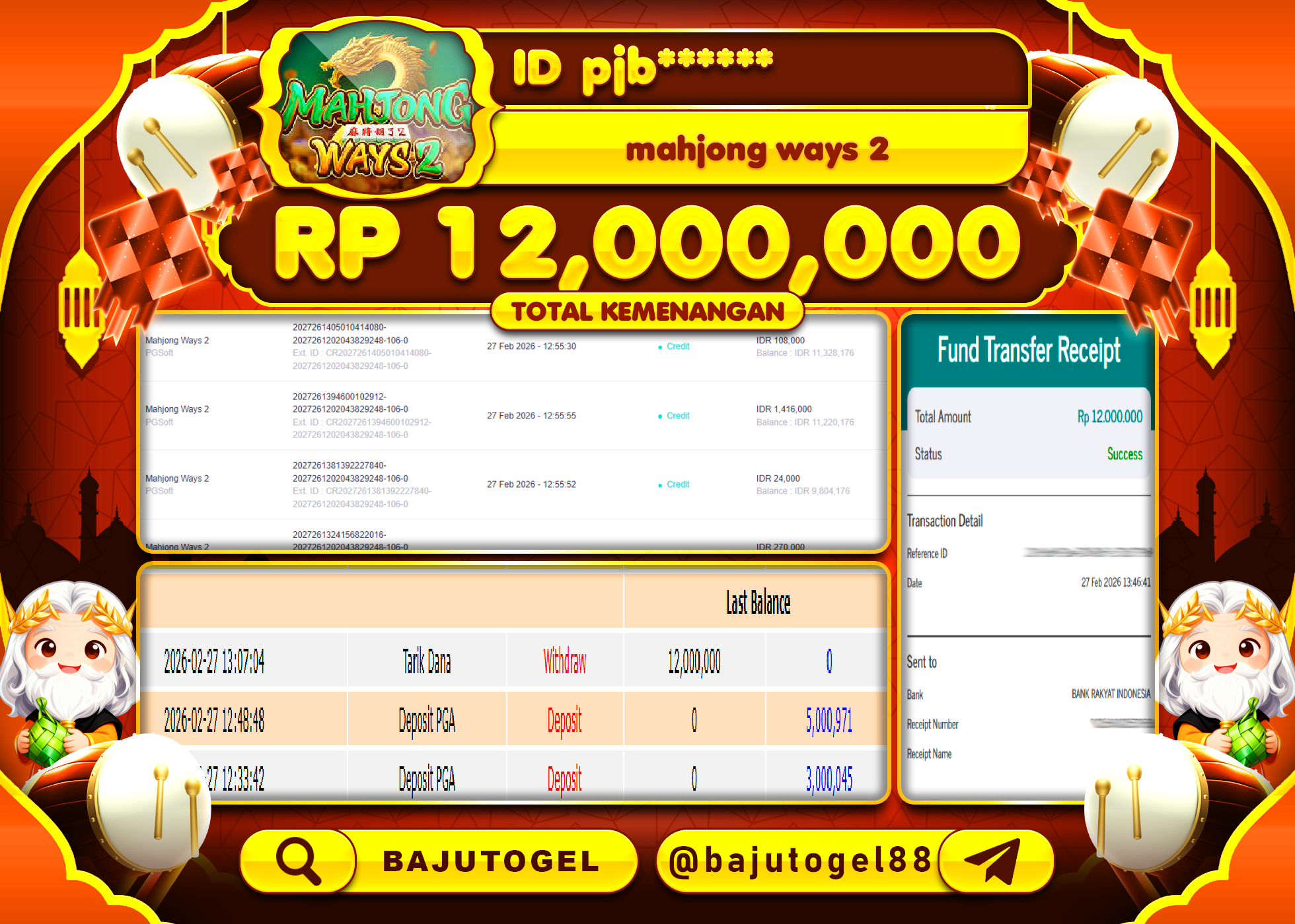 BAJUTOGEL KEMENANGAN JACKPOT DI PGSOFT MAHJONG WAYS 2 Rp.12,000,000 LUNAS