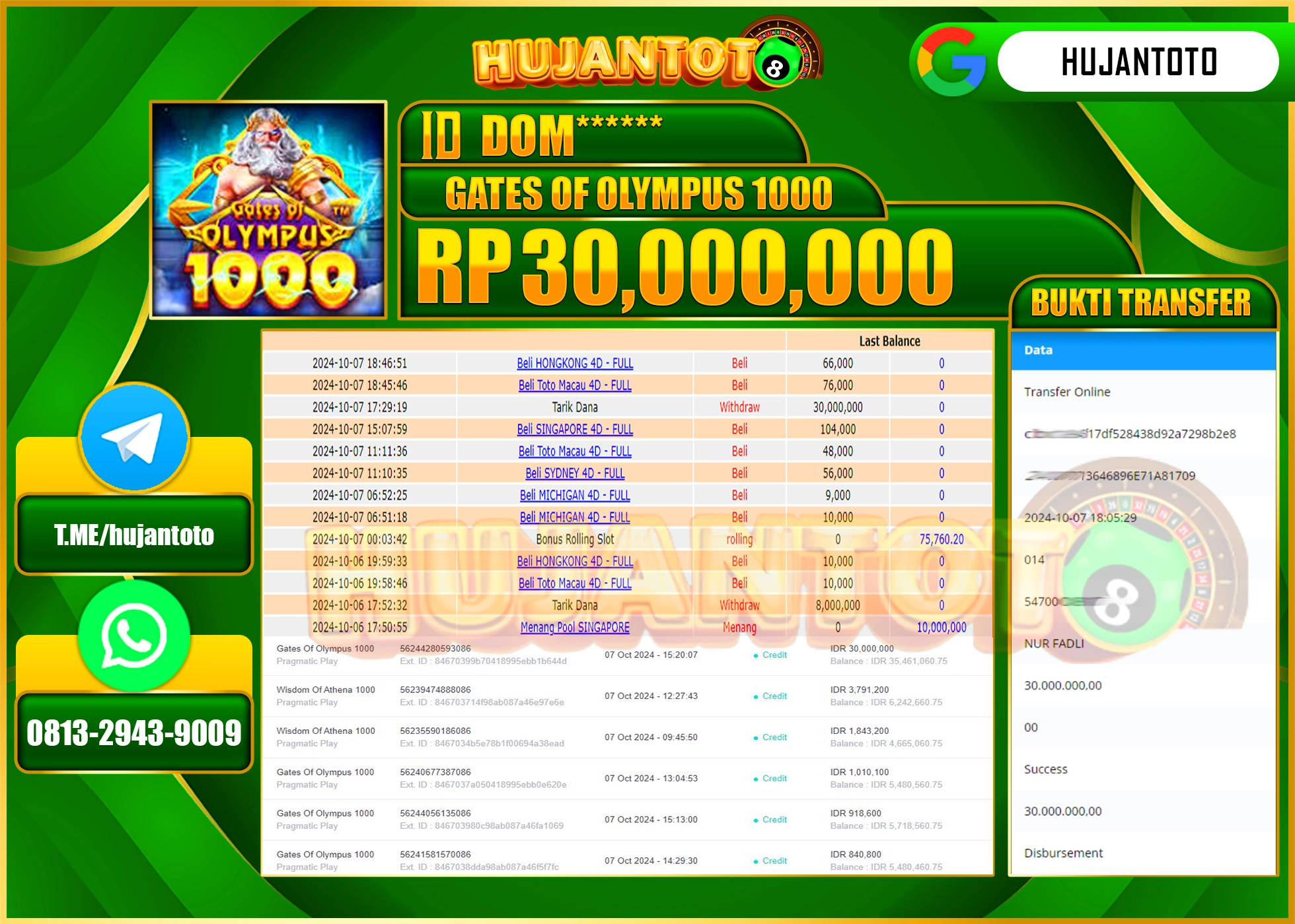 HUJANTOTO MENANG DI GATES OF OLYMPUS 1000 30,000,000- LUNAS 