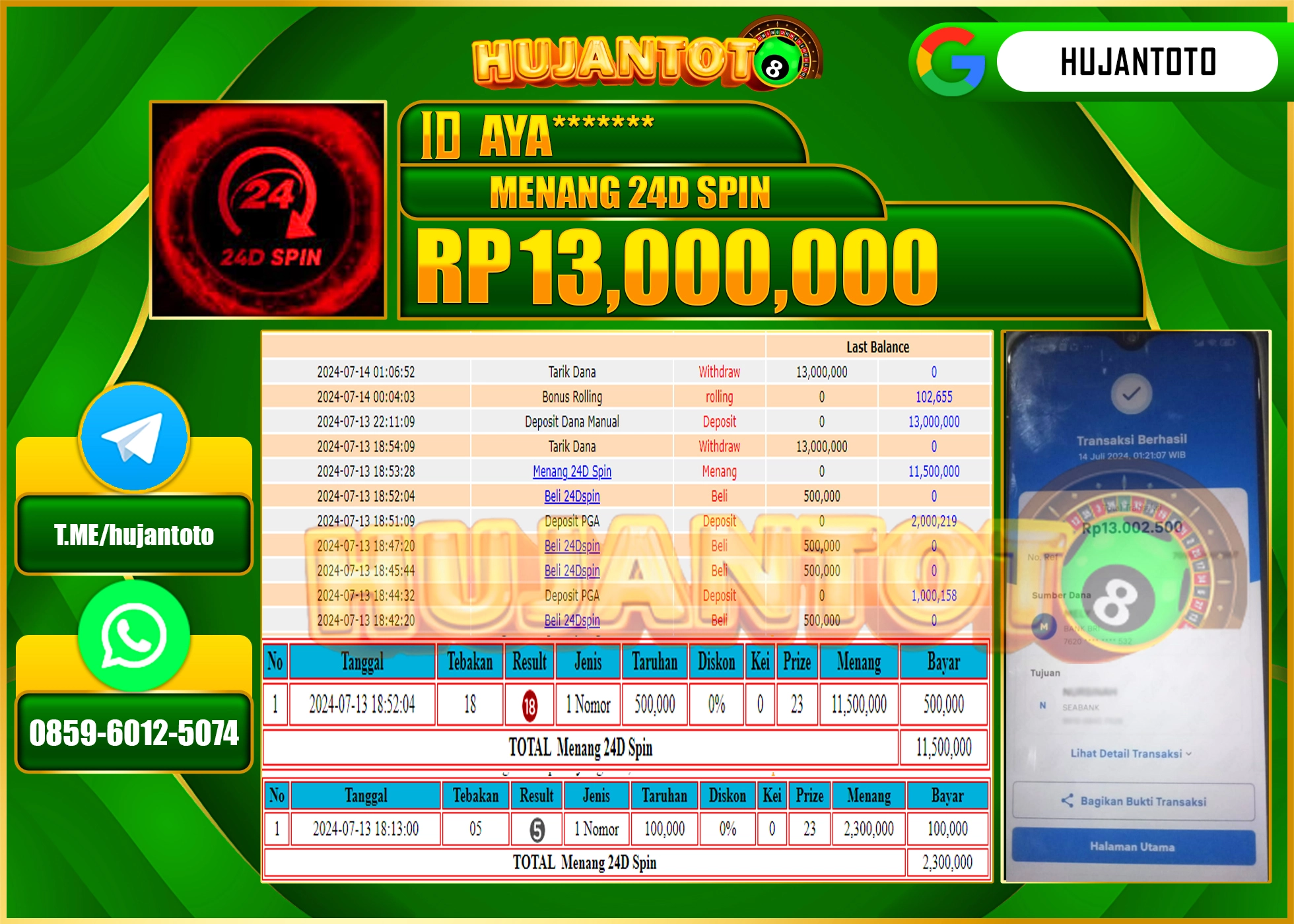 HUJANTOTO MENANG PERMAINAN LIVE GAMES CASINO 24D SPIN  13.000.000 - LUNAS 