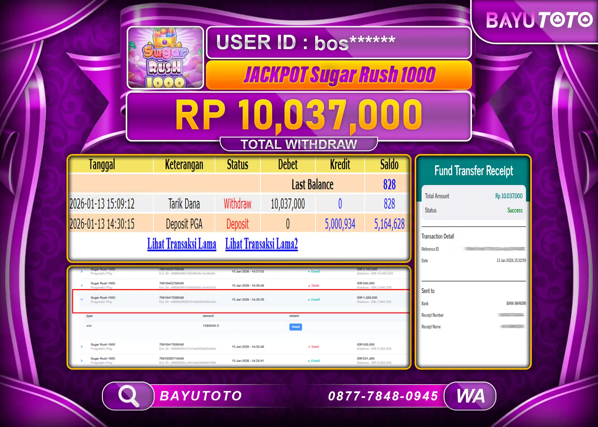 SELAMAT MEMBER SETIA BAYUTOTO JACKPOT SLOT  SUGAR RUSH 1000  Rp. 10,037,000 LUNAS