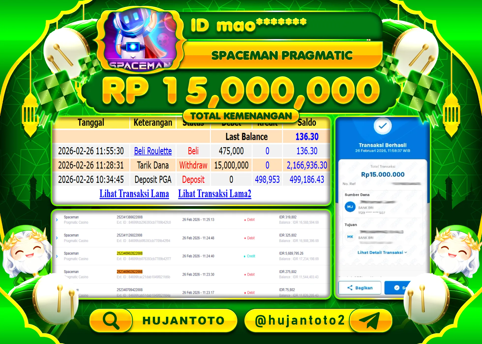 HUJANTOTO - BUKTI JACKPOT MENANG SLOT SPACEMAN PRAGMATIC Rp.15,000,000 - TERBAYAR LUNAS