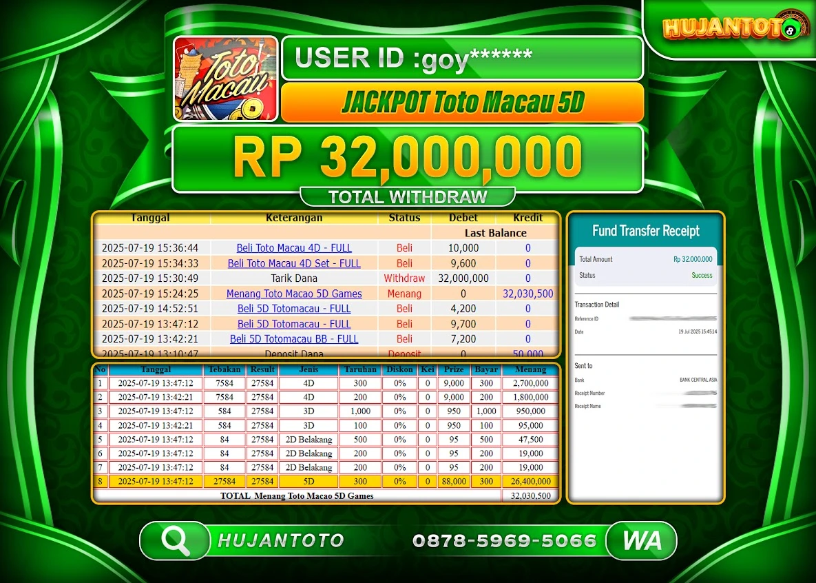 HUJANTOTO - BUKTI JACKPOT MENANG TOGEL TOTO MACAU 5D Rp.32,000,000 - TERBAYAR LUNAS