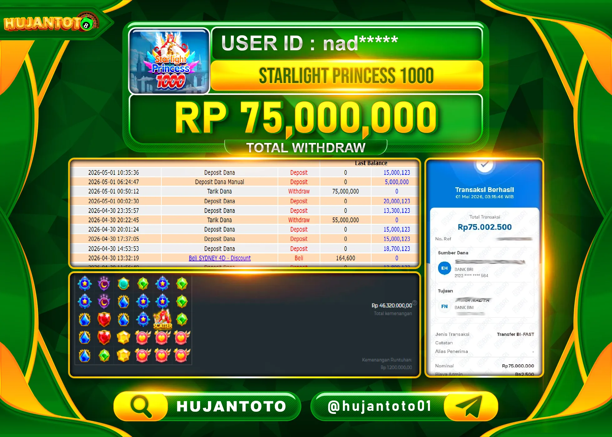 HUJANTOTO - BUKTI JACKPOT MENANG SLOT STARLIGHT PRINCESS 1000 Rp.75,000,000 - TERBAYAR LUNAS