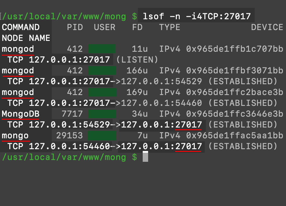 UNIX terminal using the lsof command to grep processes running on port 27017 returning MongoDB processes