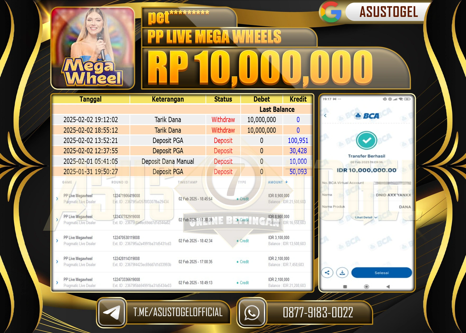 ASUSTOGEL KEMENANGAN DI PP LIVE MEGA WHEELS  SEBESAR 10,000,000 - RUPIAH LUNAS