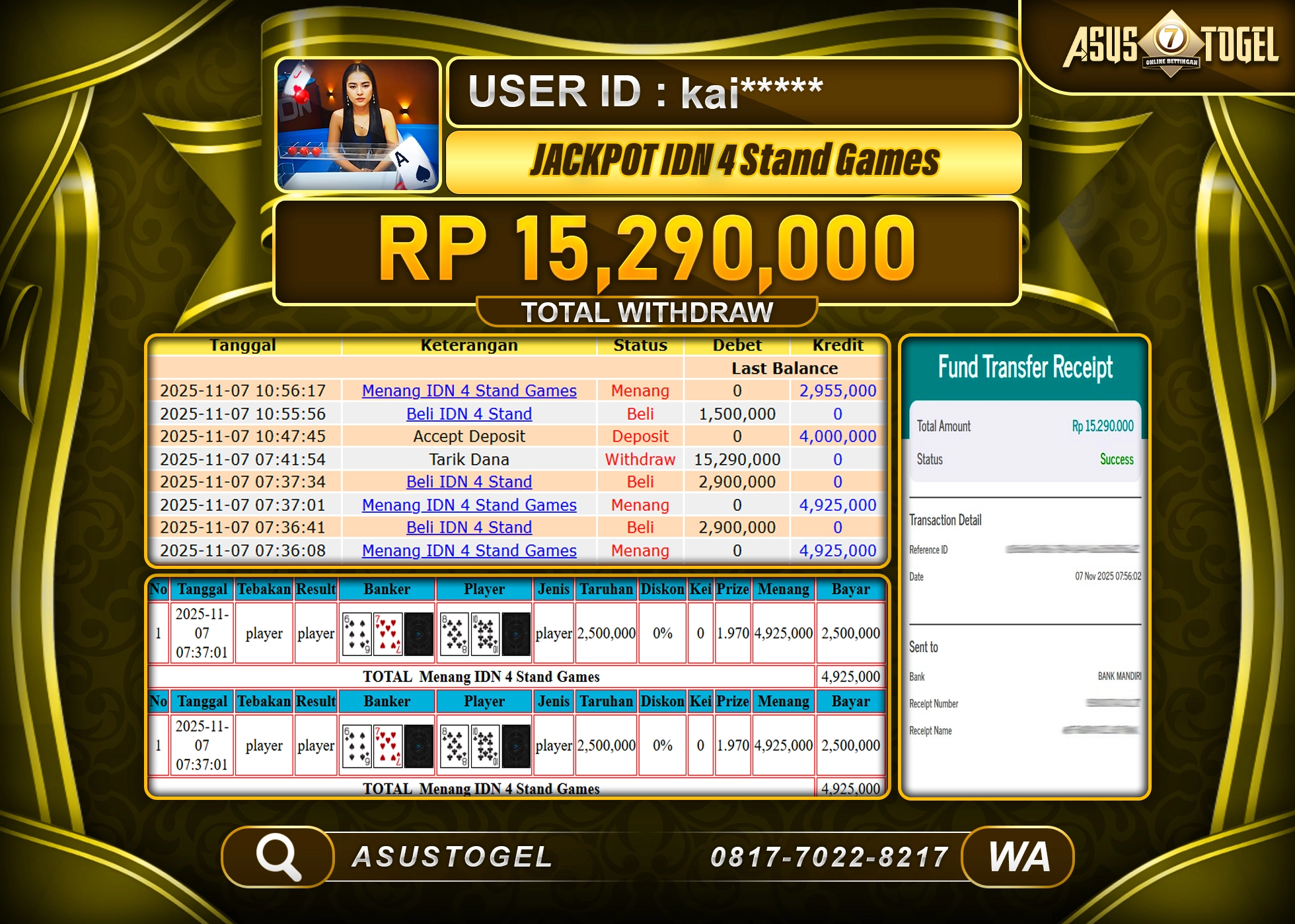 ASUSTOGEL KEMENANGAN DI LIVE GAMES IDN 4 STAND SEBESAR 15,290,000 - RUPIAH LUNAS