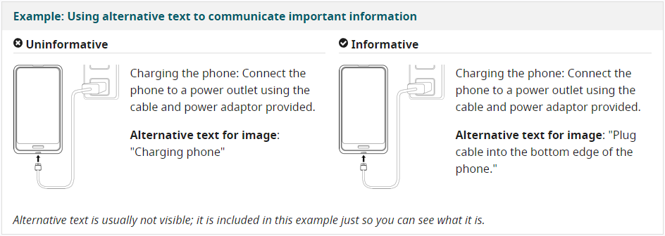 An image from W3's writing guide that explains both the necessecity of alt text and the importance of comprehensive explanations in the text