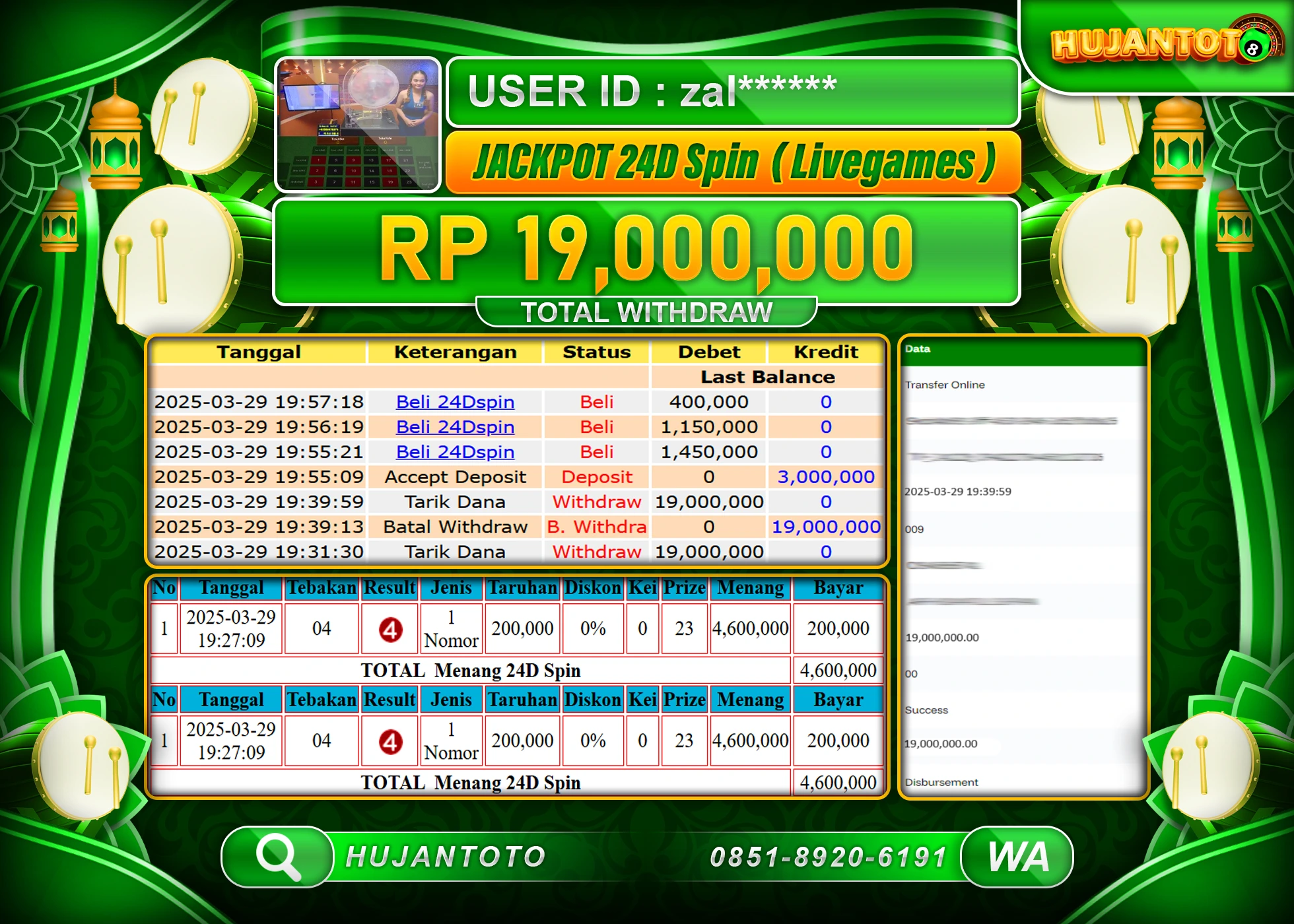 HUJANTOTO - BUKTI JACKPOT MENANG LIVEGAMES 24D SPIN Rp,19,000,000 - TERBAYAR LUNAS