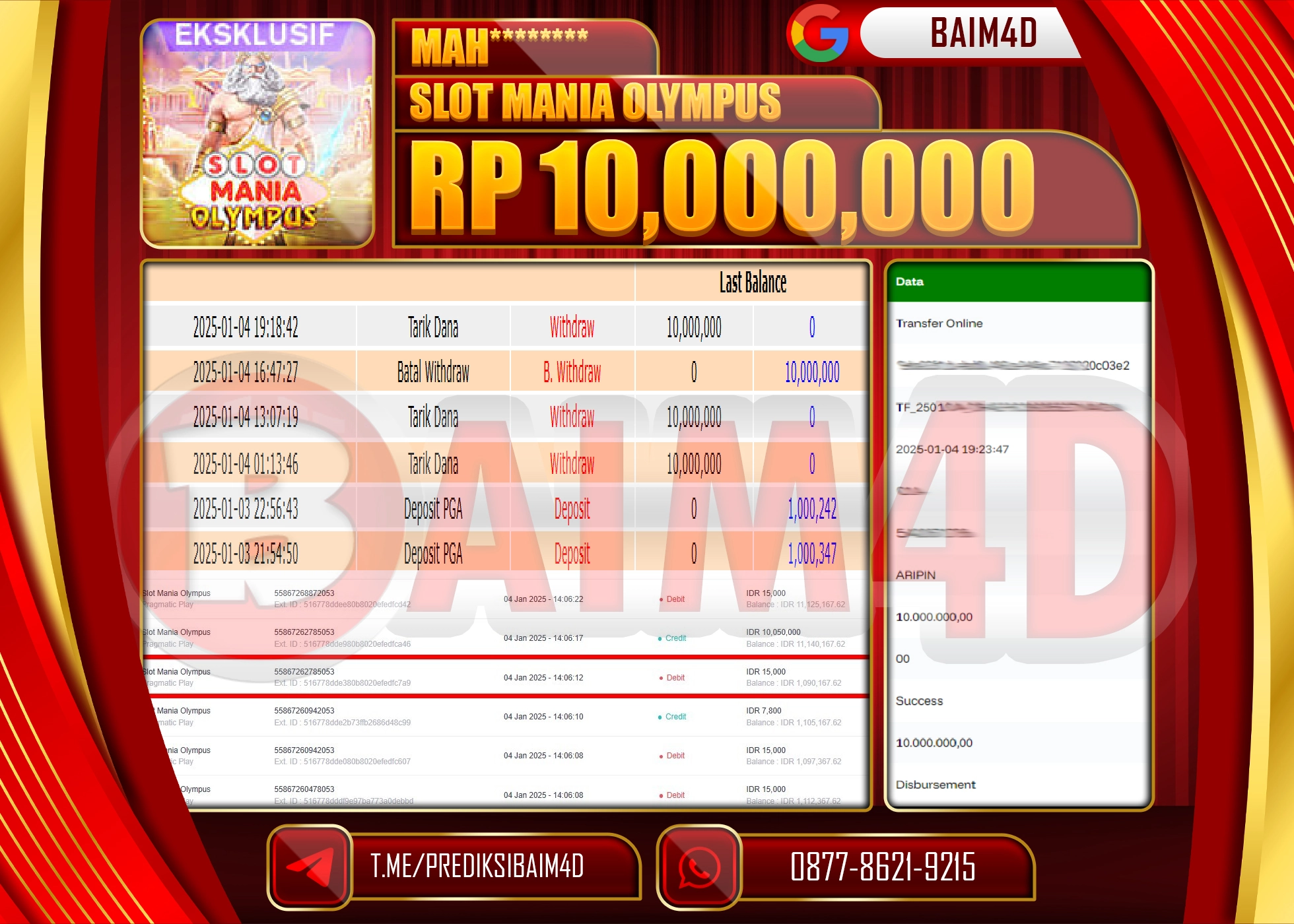 BAIM4D JACKPOT MENANG Slot Mania Olympus Rp.10,000,000.- LUNAS