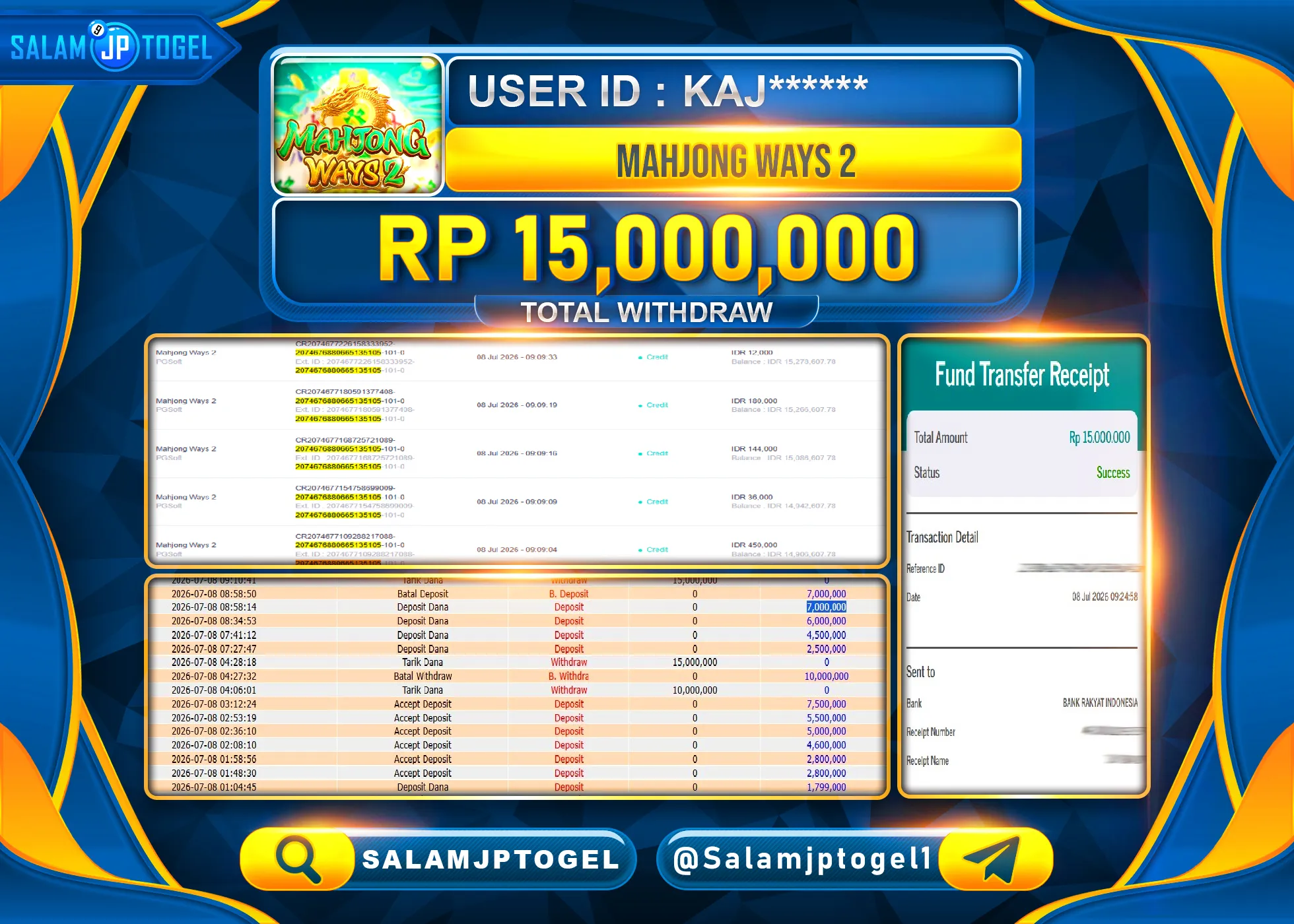 SALAMJPTOGEL JACKPOT MENANG SLOT MAHJONG WAYS 2 PG SOFT Rp.15,000,000 - LUNAS