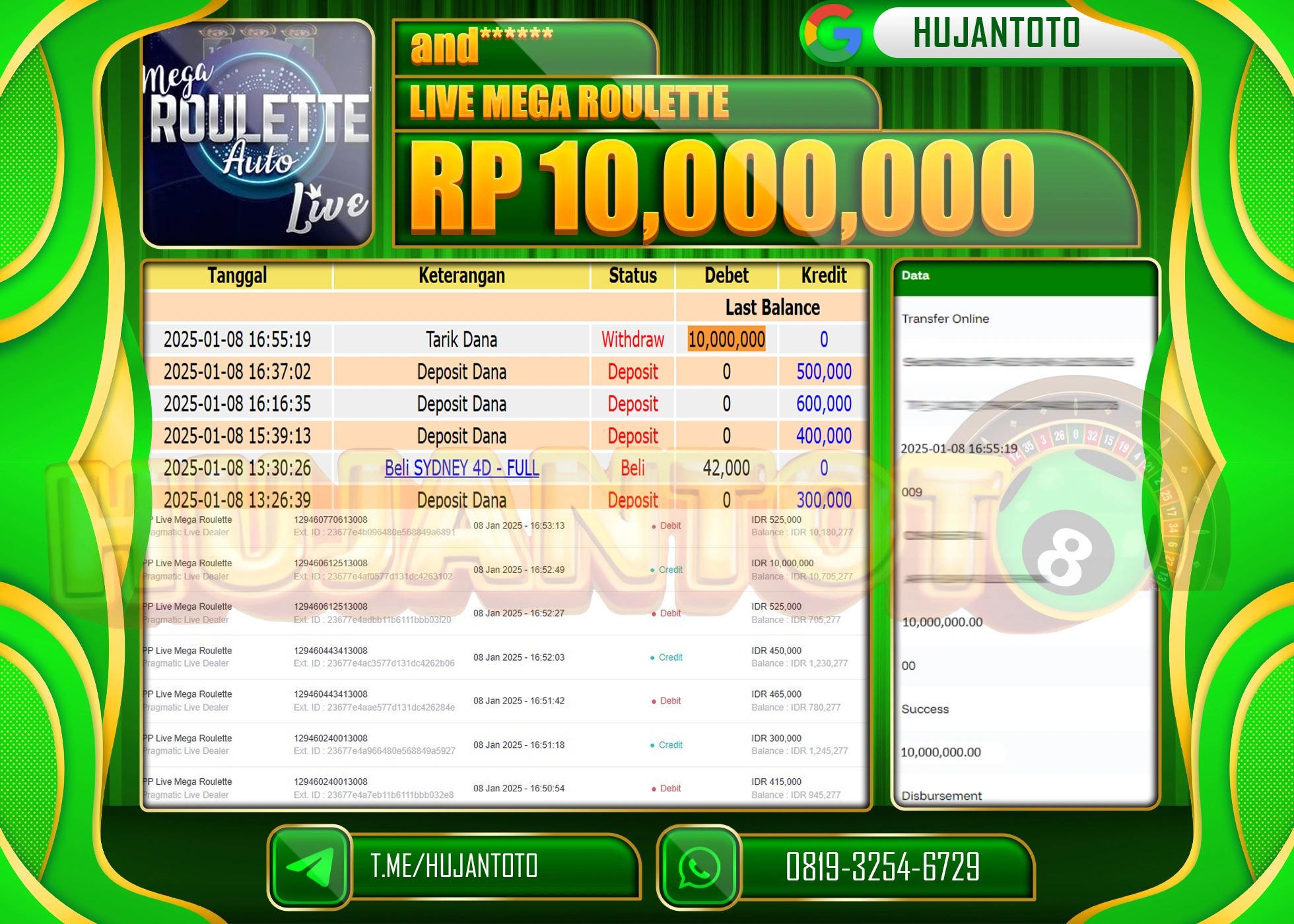 HUJANTOTO - BUKTI JACKPOT DI PERMAINAN LIVE MEGA ROULETTE Rp,10,000,000,- TERBAYAR LUNAS