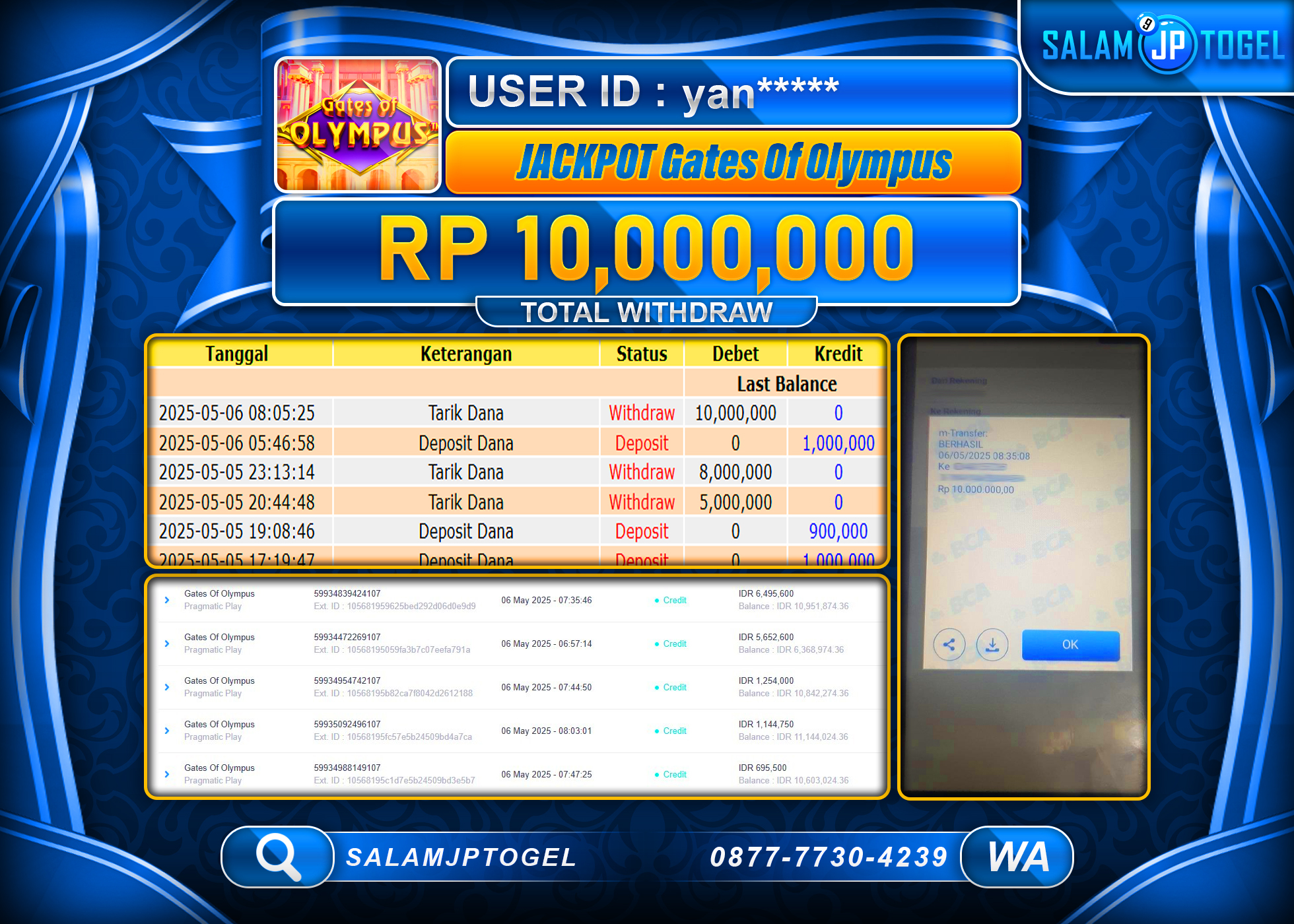 SALAMJPTOGEL MENANG GATES OF OLYMPUS Rp.10,000,000 LUNAS